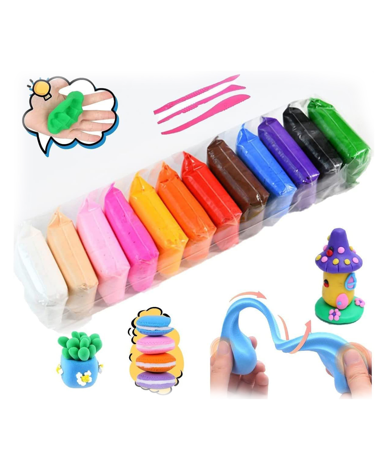 Oskart Bounce Clay 12 Different Color Fluffy Foam Clay with Tools Pack of 12 - Multicolor