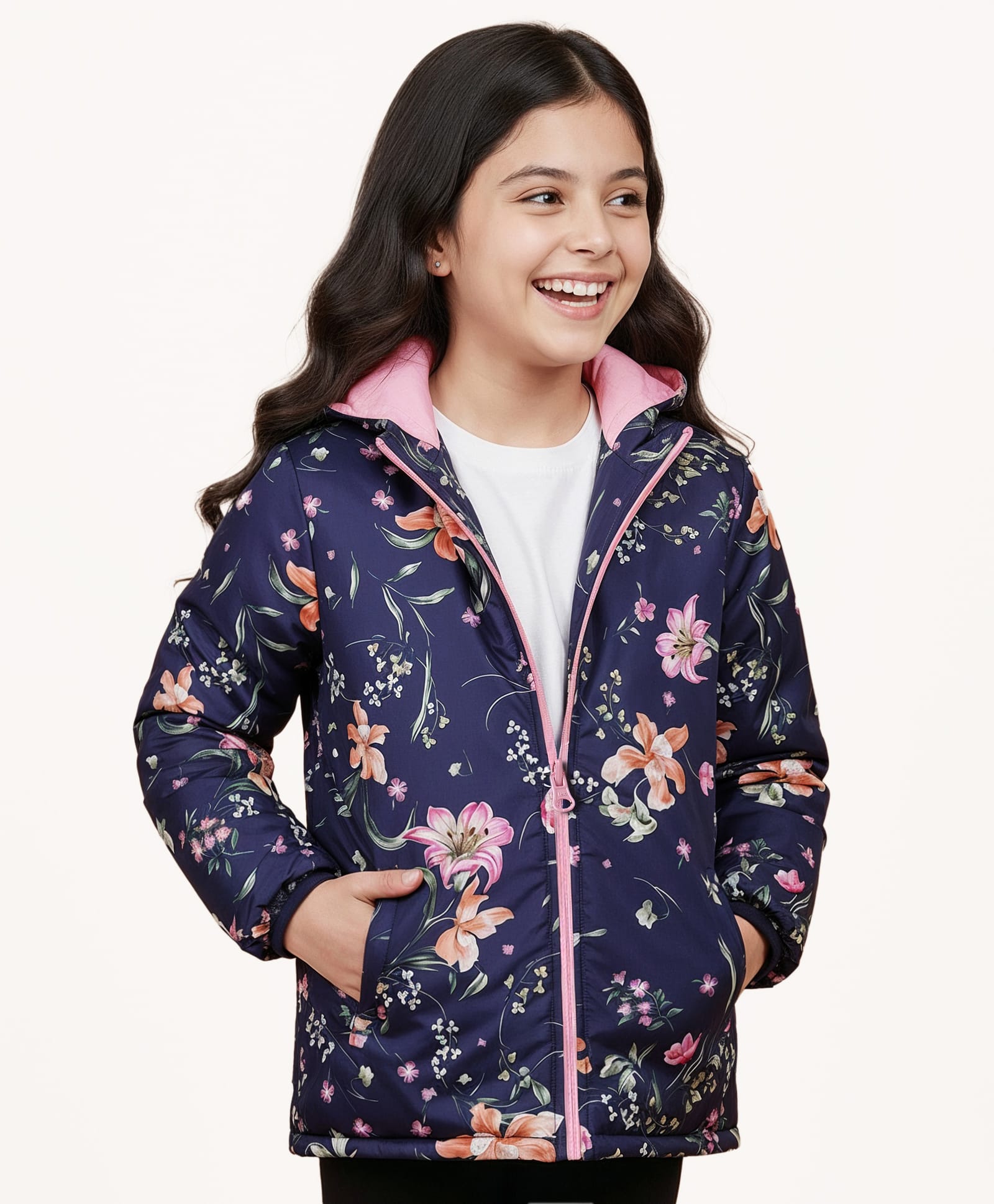 Pine Kids Woven Full Sleeves Solid Reversible Medium Winter Jacket Floral Print - Navy Blue & Pink-image-49