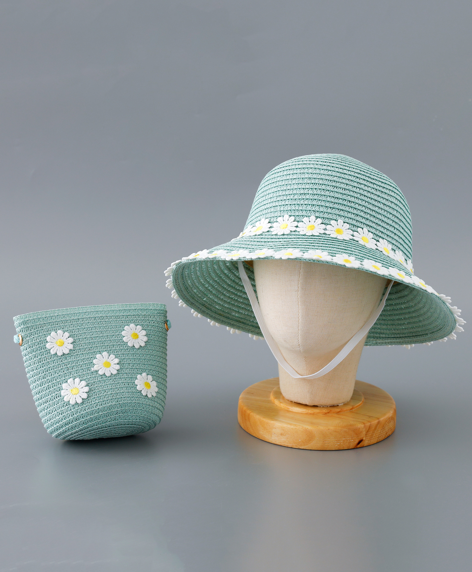 Babyhug Straw Hat Flower Design with Bow Applique and Purse - Blue-picture-10