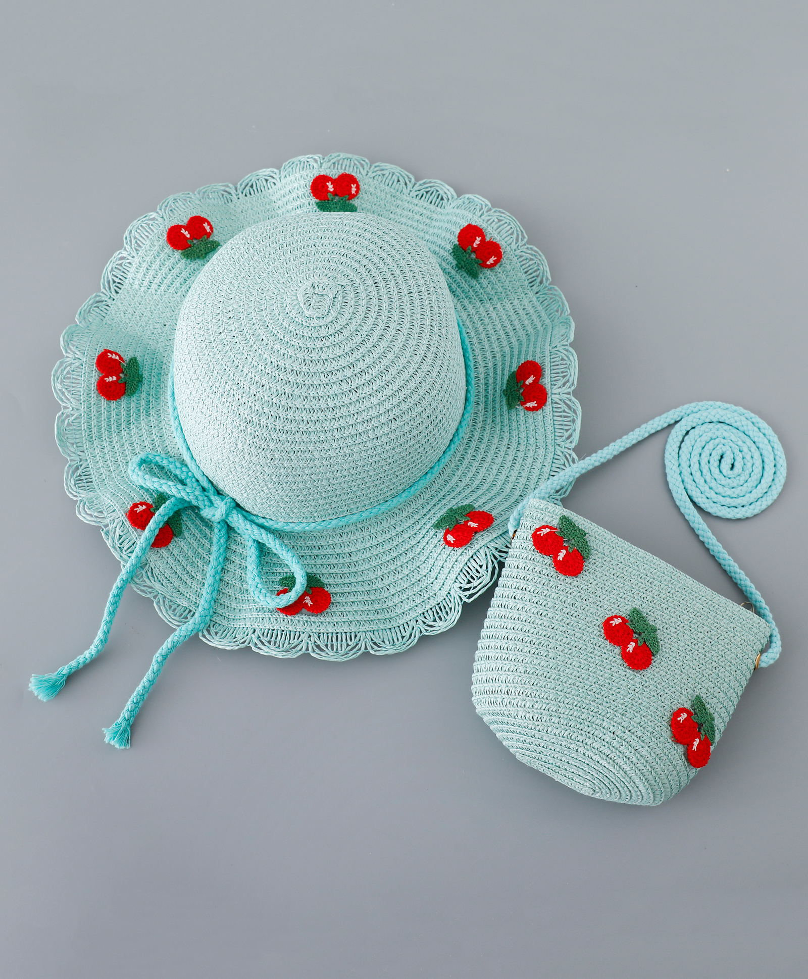 Babyhug Straw Hat with Cherry Embroidery and Purse - Blue-image-1