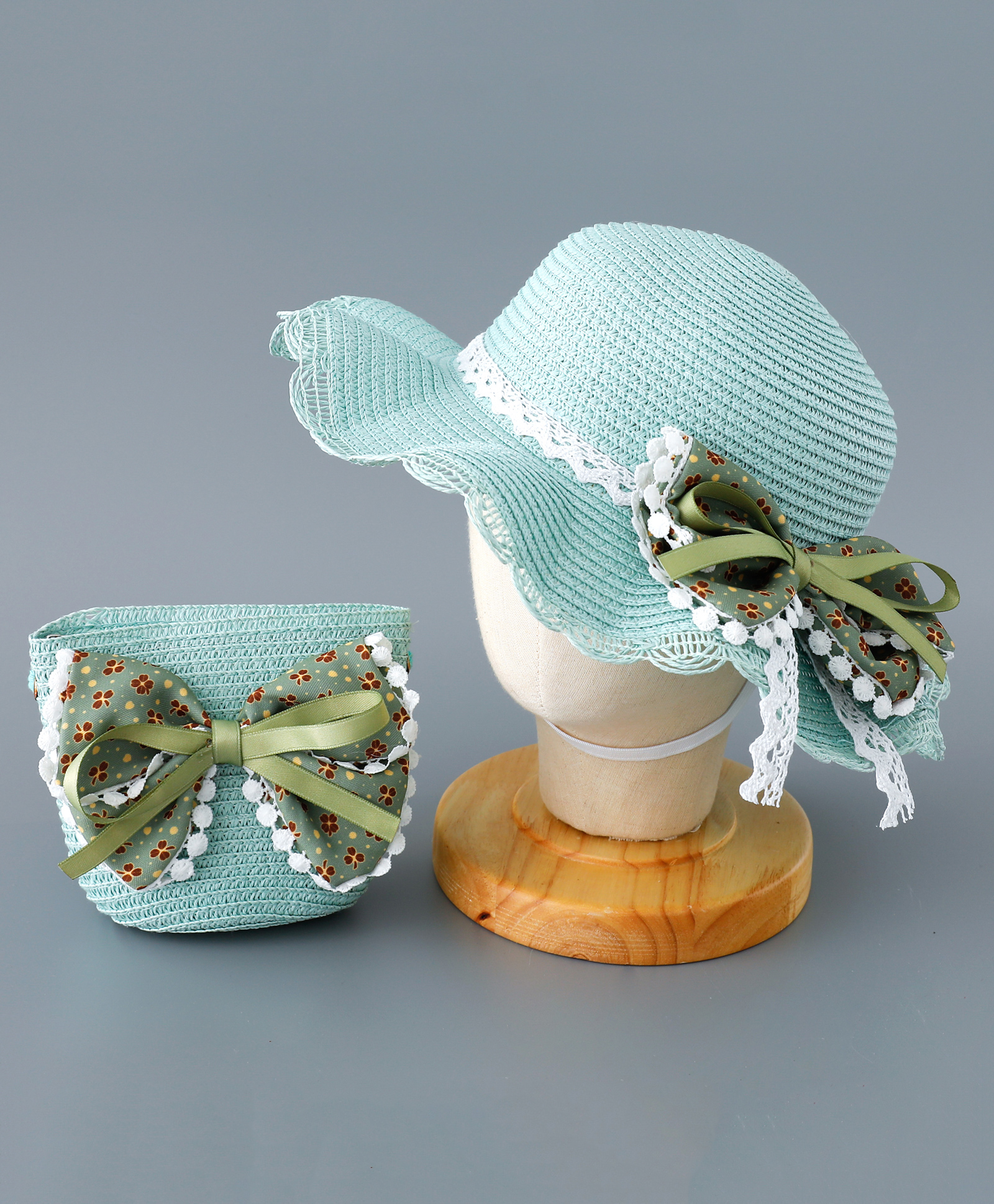 Babyhug Straw Hat with Bow Applique and Purse - Green-picture-13
