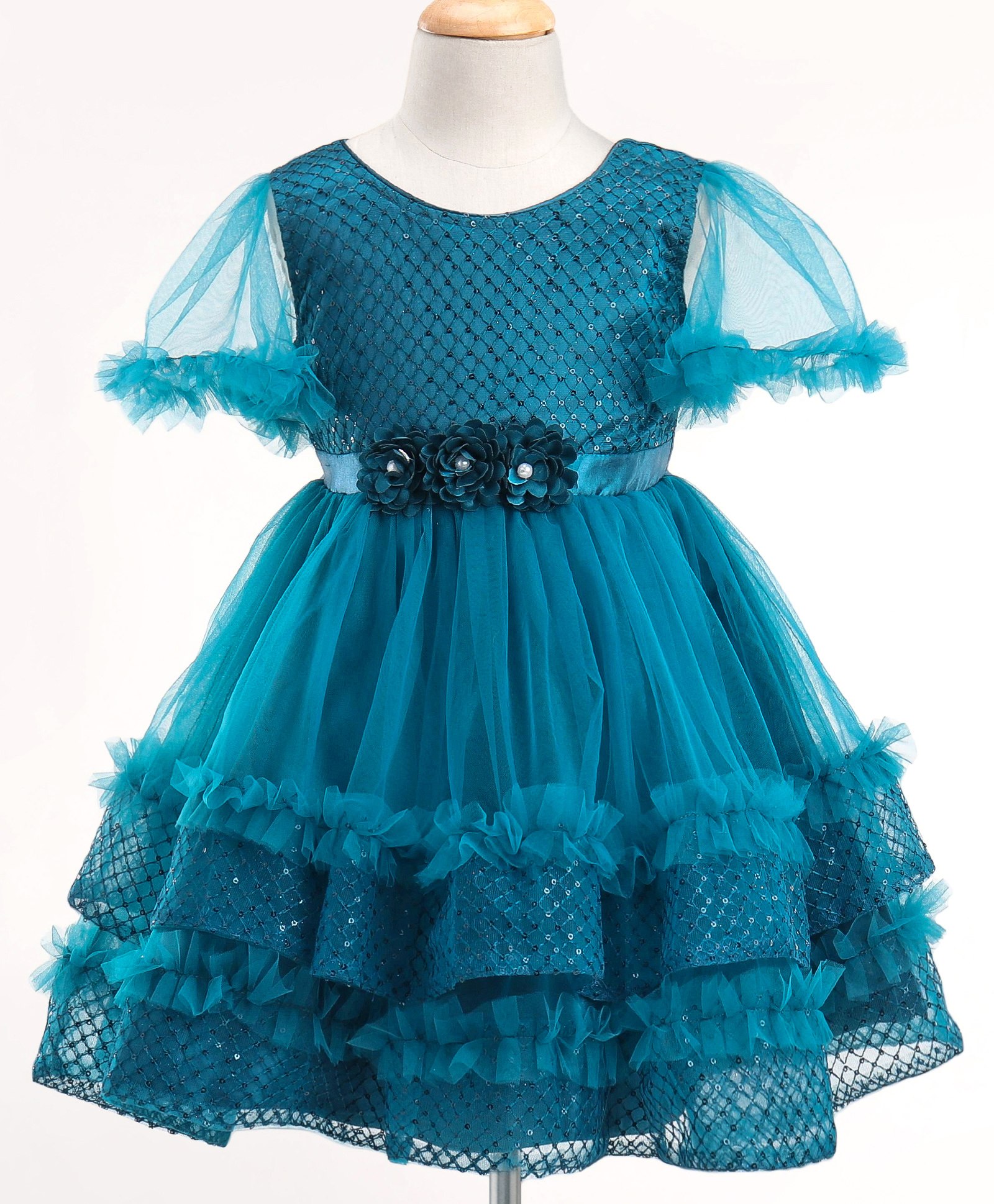 Babyhug Half Sleeves Shimmery Party Frock with Floral Applique & Sequin Detailing - Teal Blue-image-27