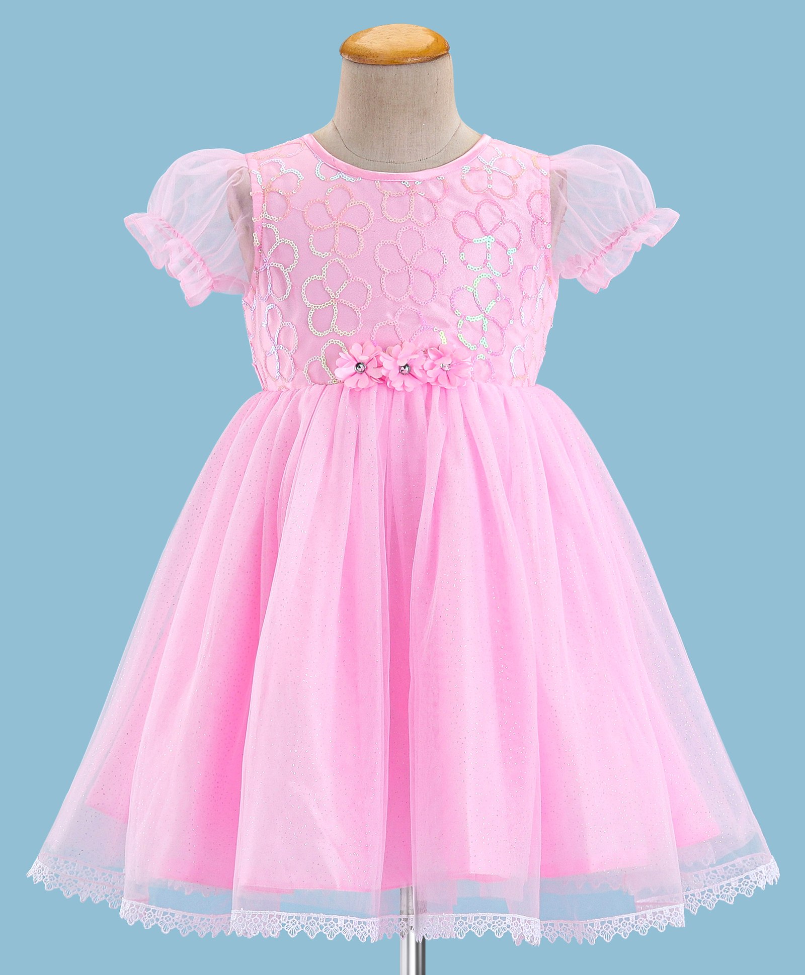 Babyhug Puffed Sleeves Sequinned & Corsage Detailing Party Frock - Pink-image-21