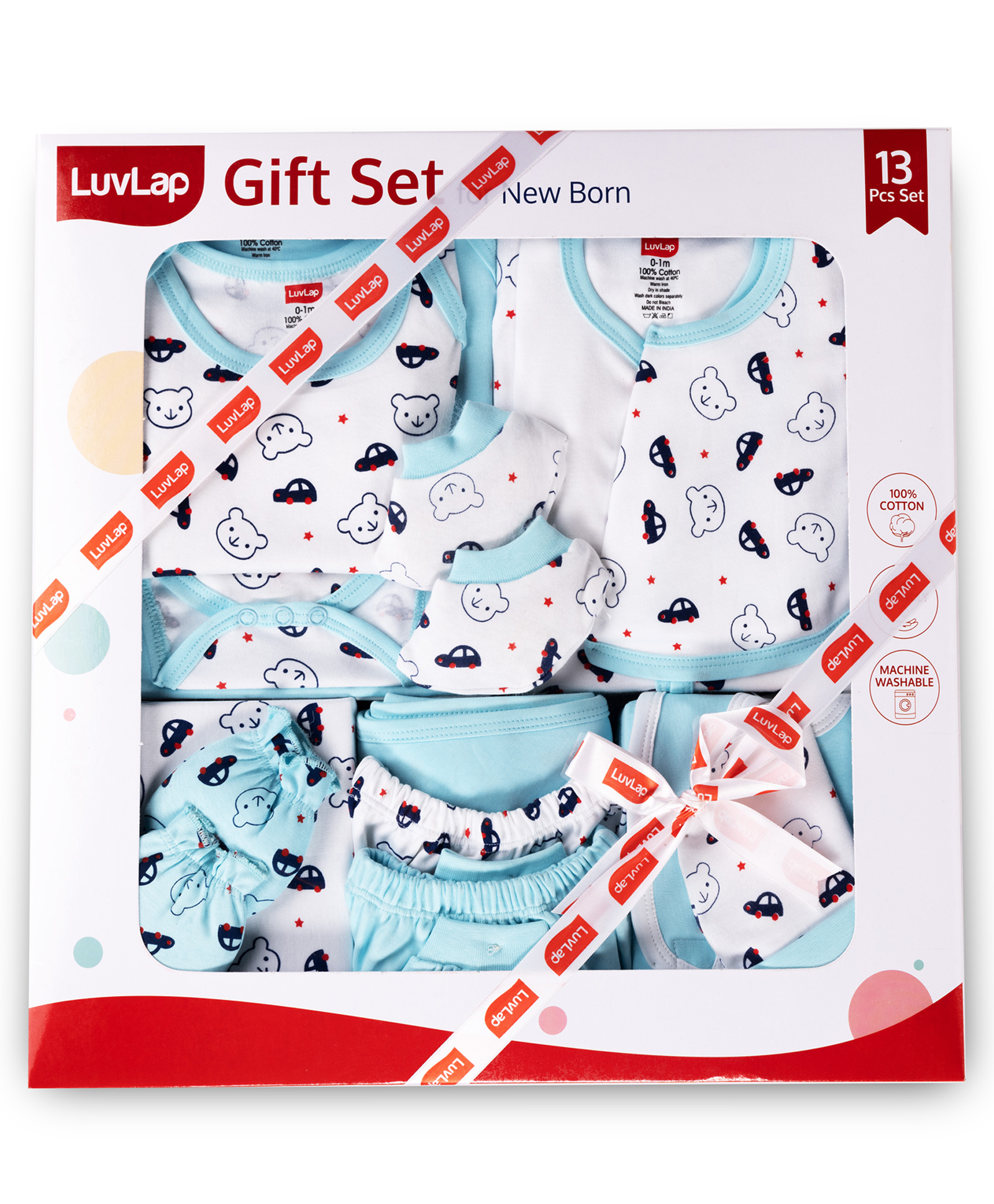 LuvLap Newborn Baby Cotton Gift Set, 13 Pack, 2 Jhabla, 2 Rompers, 2 Pyjamas, Cap, Mittens, Socks, Washcloth, Hooded Wrapper, 0-1 Months, White & Blue-image-2
