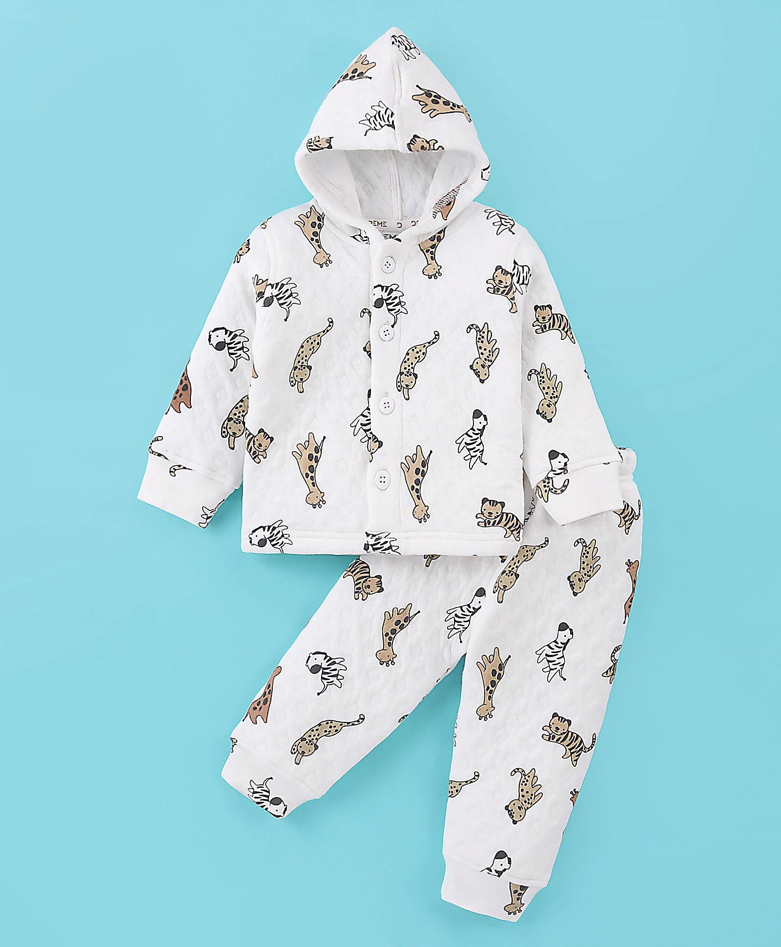Doreme Knitted Full Sleeves Hooded Winter Wear Night Suit With Leopard Print - White-image-42