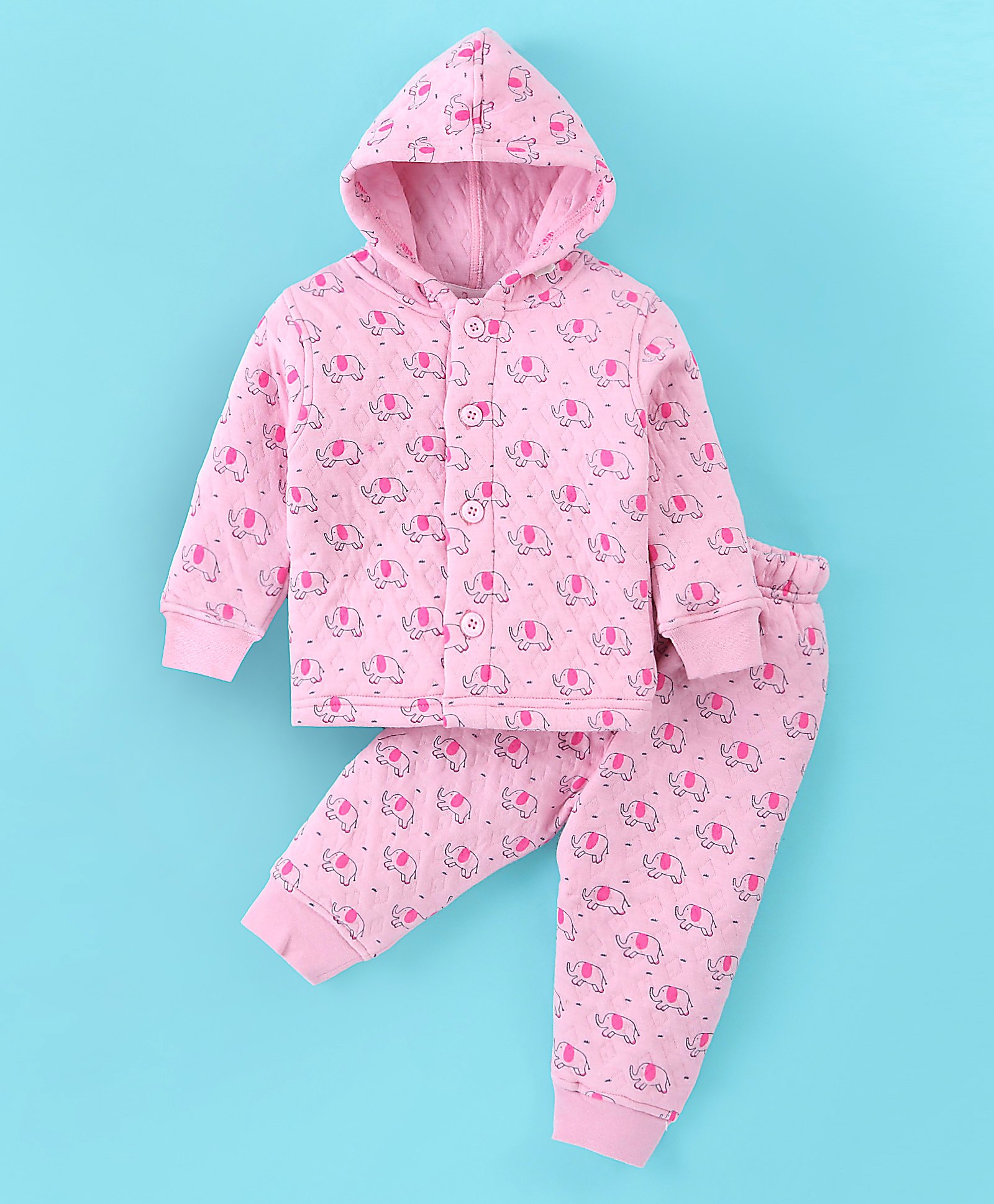 Doreme Cotton Knit Full Sleeves Winter Wear Hooded Night Suit With Elephant Print - Pink-picture-26