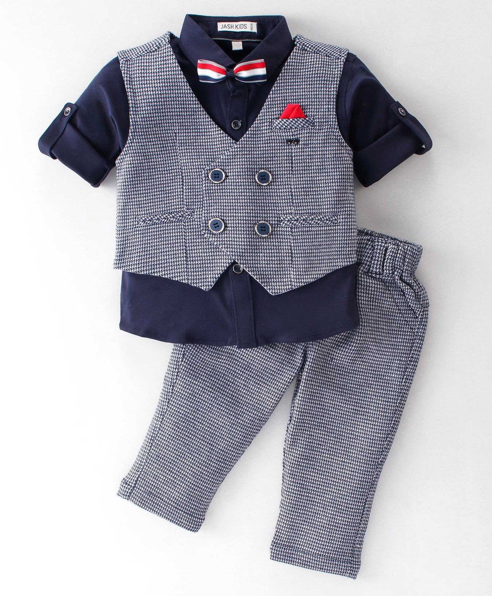 Jash Kids Cotton Full Sleeves Party Suit With Bow Checkered - Navy Blue-image-25