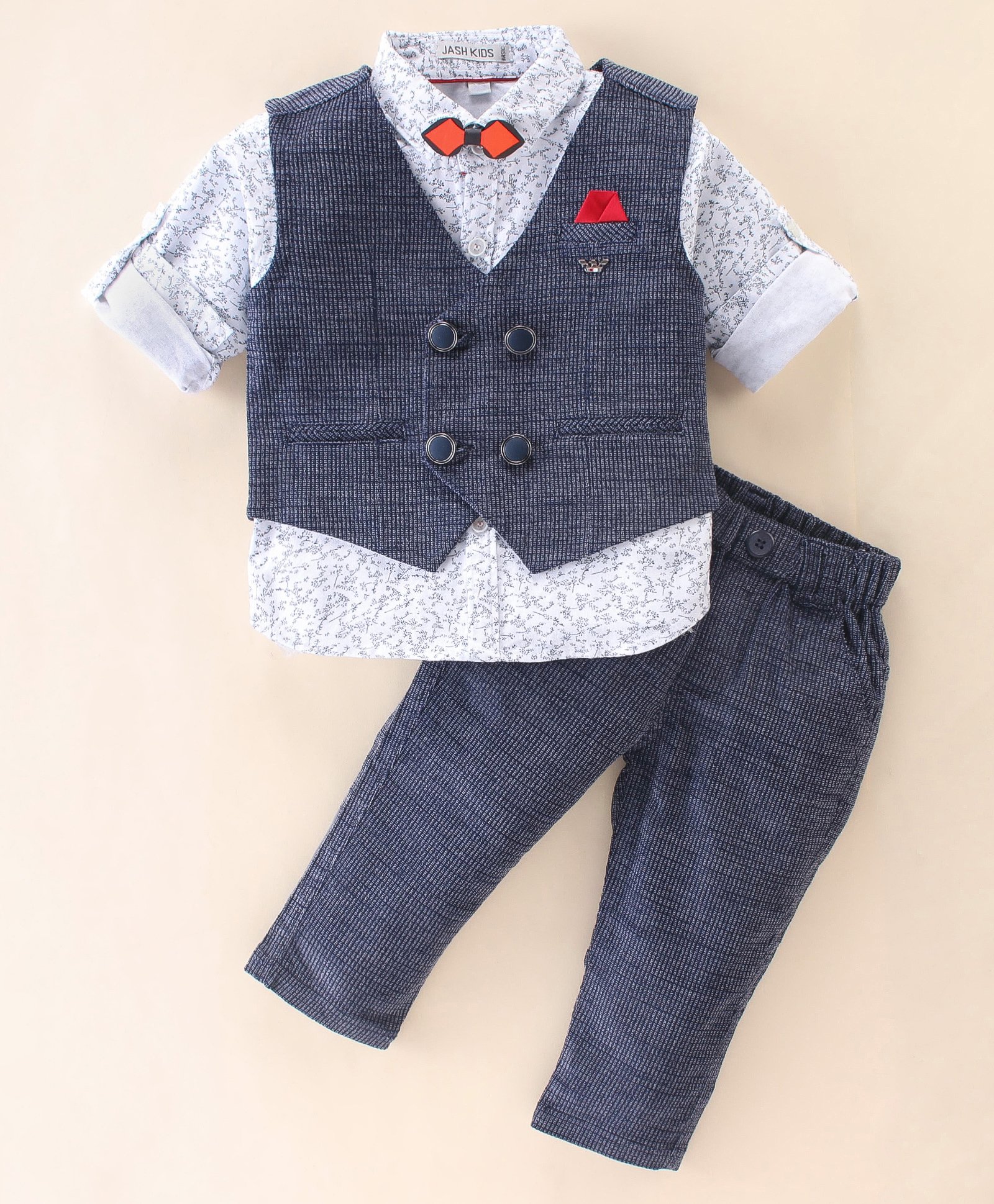 Jash Kids Knitted Full Sleeves Party Suit With Bow Floral Print - White & Blue-picture-37