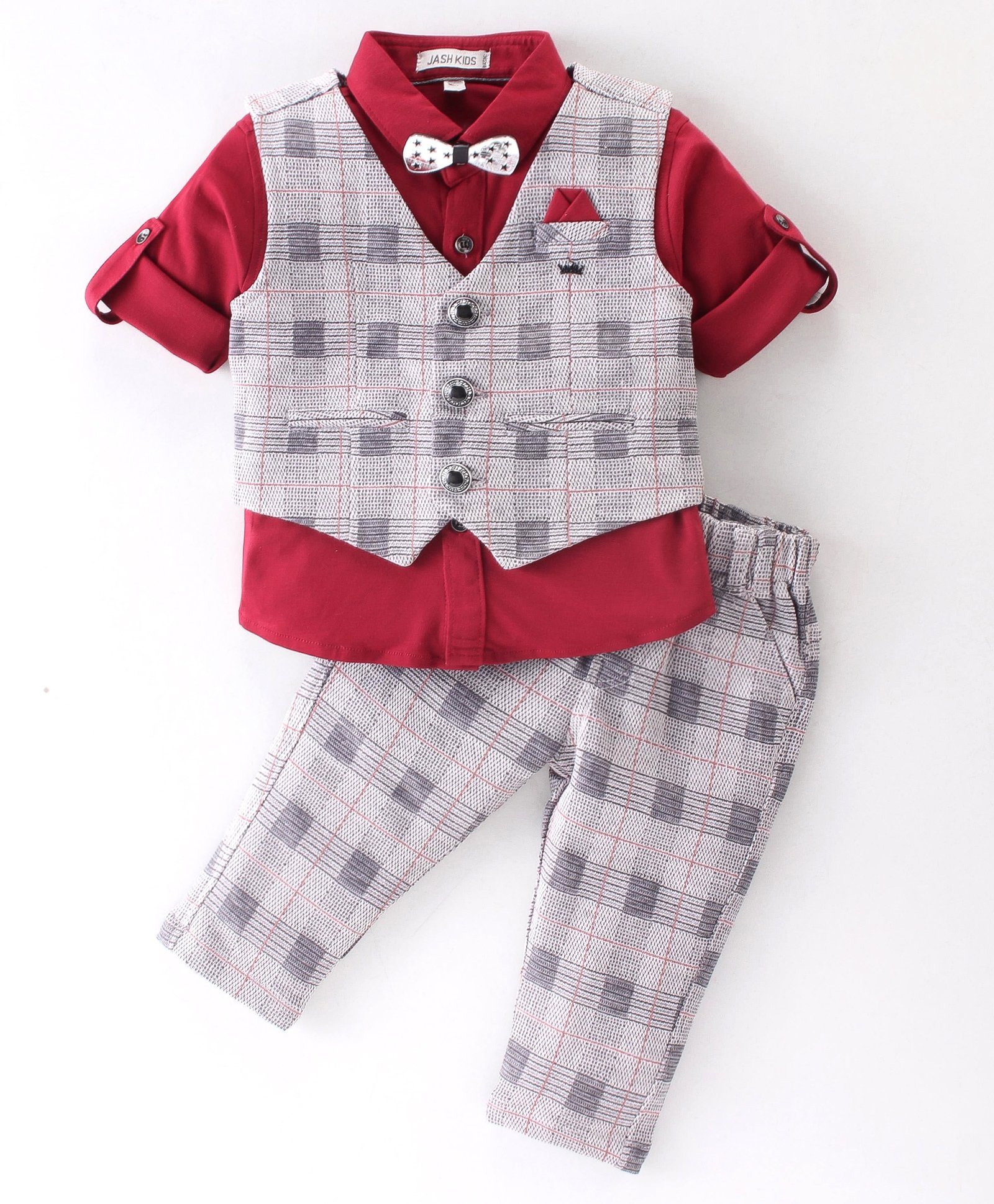 Jash Kids Knitted Full Sleeves Party Suit with Bow Checkered - Red & Beige-image-39