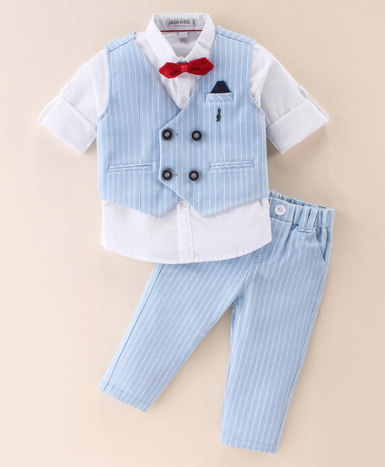 JASH KIDS Cotton Full Sleeves Party Suit Striped with Bow  - Blue-picture-24