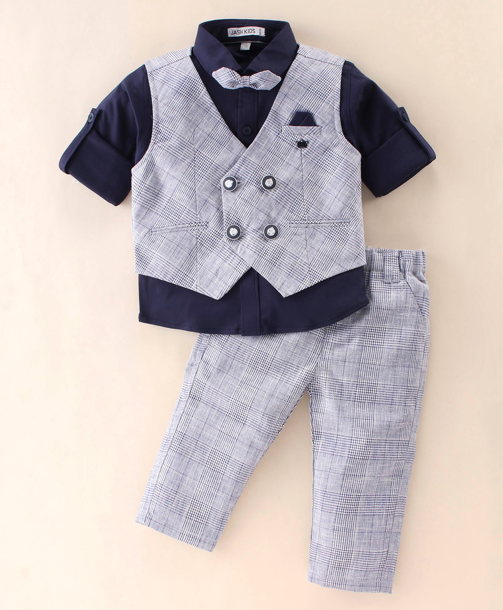 JASH KIDS Cotton Full Sleeves Party Suit Checkered with Bow - Navy Blue-picture-25