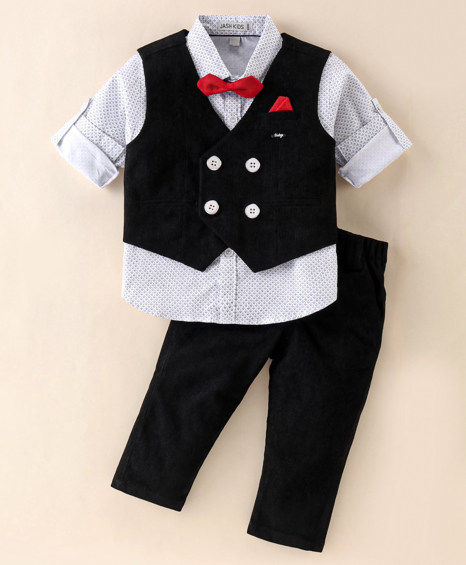 Jash Kids Full Sleeves Party Suit Printed with Bow - Black-image-18