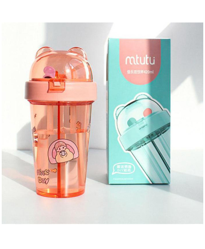 SCHOOLISH DOUBLY LOVELY Two Compartment With Two Separate  Sippers Teddy Ear Shape Cap  Bottle - 420 ml Color May Vary-image-24
