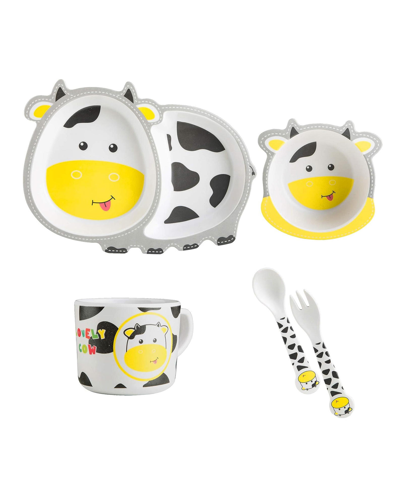 SCHOOLISH COW  Design 5 Pieces Set Bamboo Kids Dinnerware Set  Children Dishes  Food Plate Bowl Mug Spoon Fork Set Dishware Cartoon Tableware Dishwasher Safe Kids Healthy Mealtime BPA Free Pack of 1 (Color May Vary)-picture-10