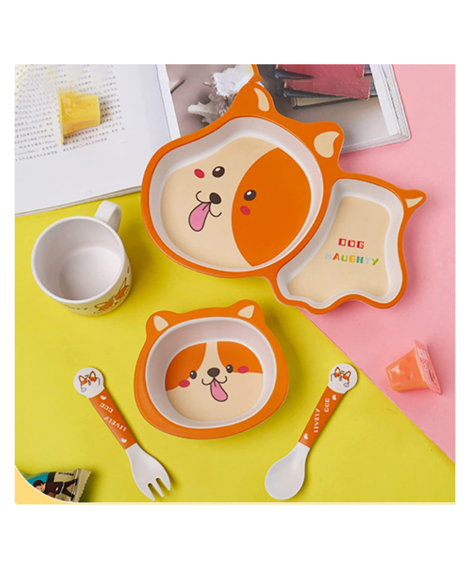 SCHOOLISH DOG  Design 5 Pieces Set Bamboo Kids Dinnerware Set  Children Dishes  Food Plate Bowl Mug Spoon Fork Set Dishware Cartoon Tableware Dishwasher Safe Kids Healthy Mealtime BPA Free Pack of 1 (Color May Vary)-image-14