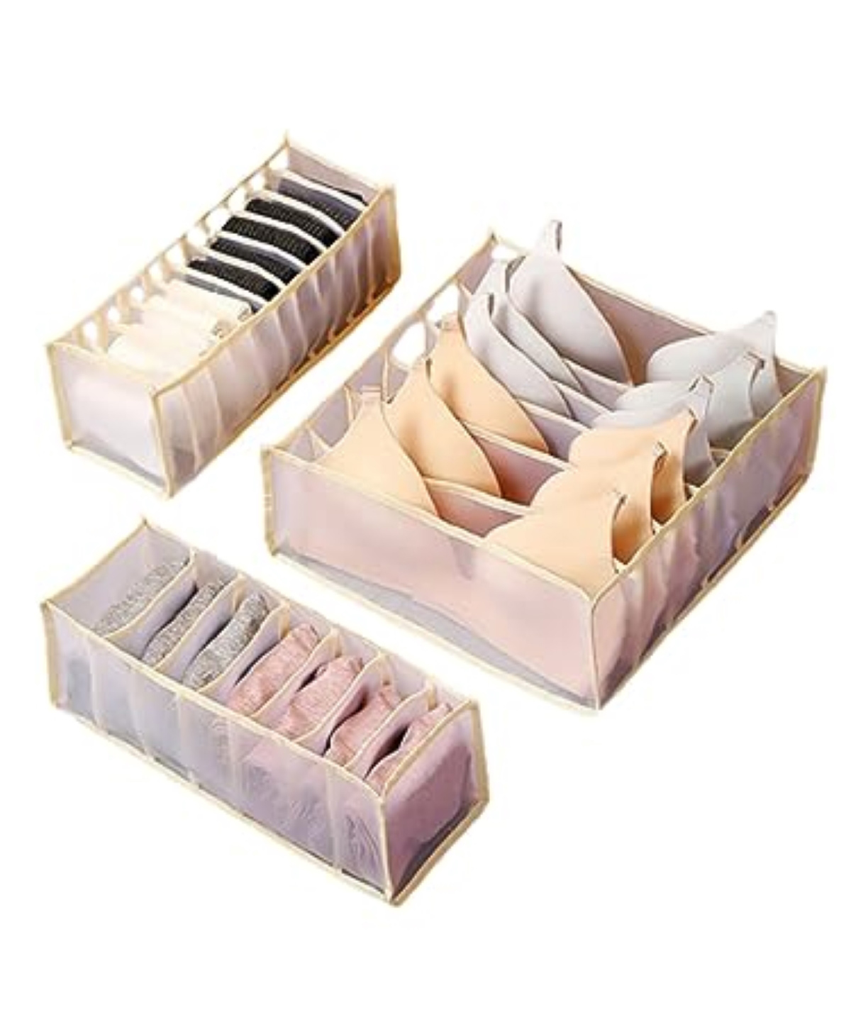 MOMISY Bra Socks Underwear Organizer Folding Closet Storage Boxes Clothes Separated Organizer 6/7/11 Compartments Grids Drawer Organizer Pack of 3 - Beige-image-4