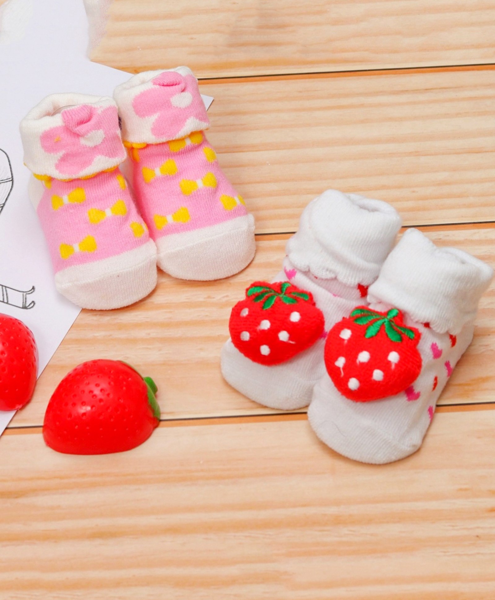 Yellow Bee Pack Of 2  Flower Printed & Strawberry Applique Anti Skid Socks - White & Pink-image-19