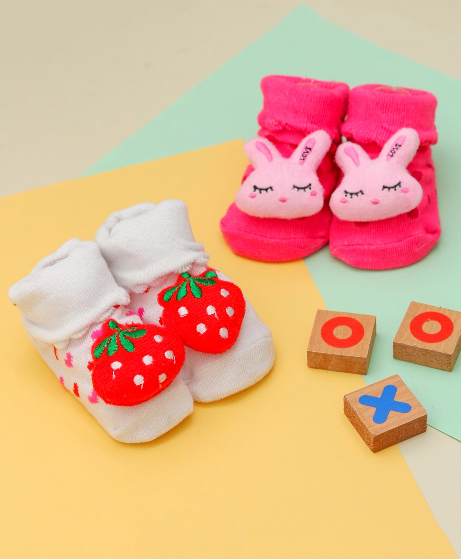 Yellow Bee Pack Of 2 Strawberry & Bunny Applique  Anti Skid  Socks - Pink & White-image-37