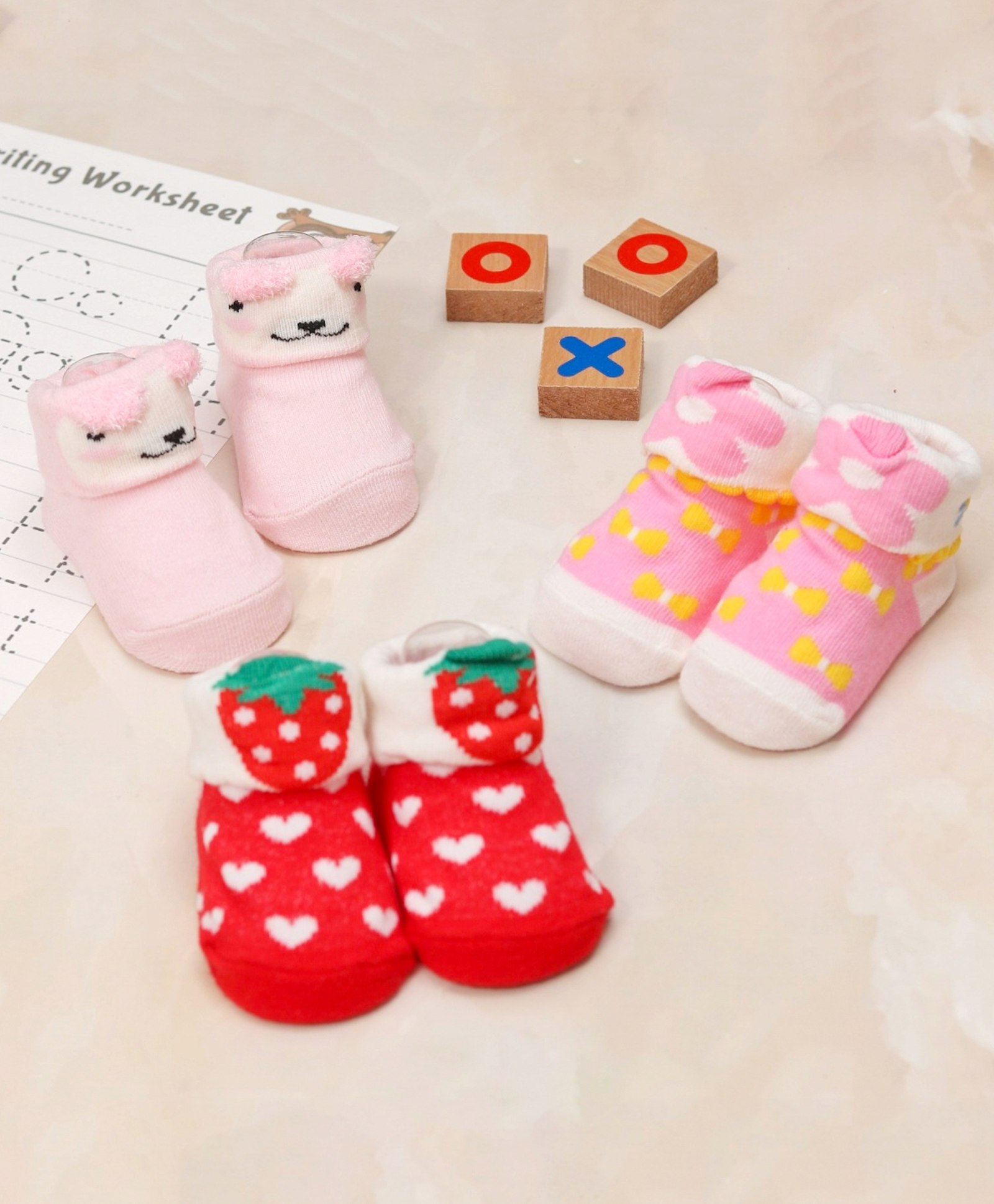 Yellow Bee Pack Of 3 Flower Strawberry & Puppy Printed Anti Skid Socks - Pink & Red-image-24