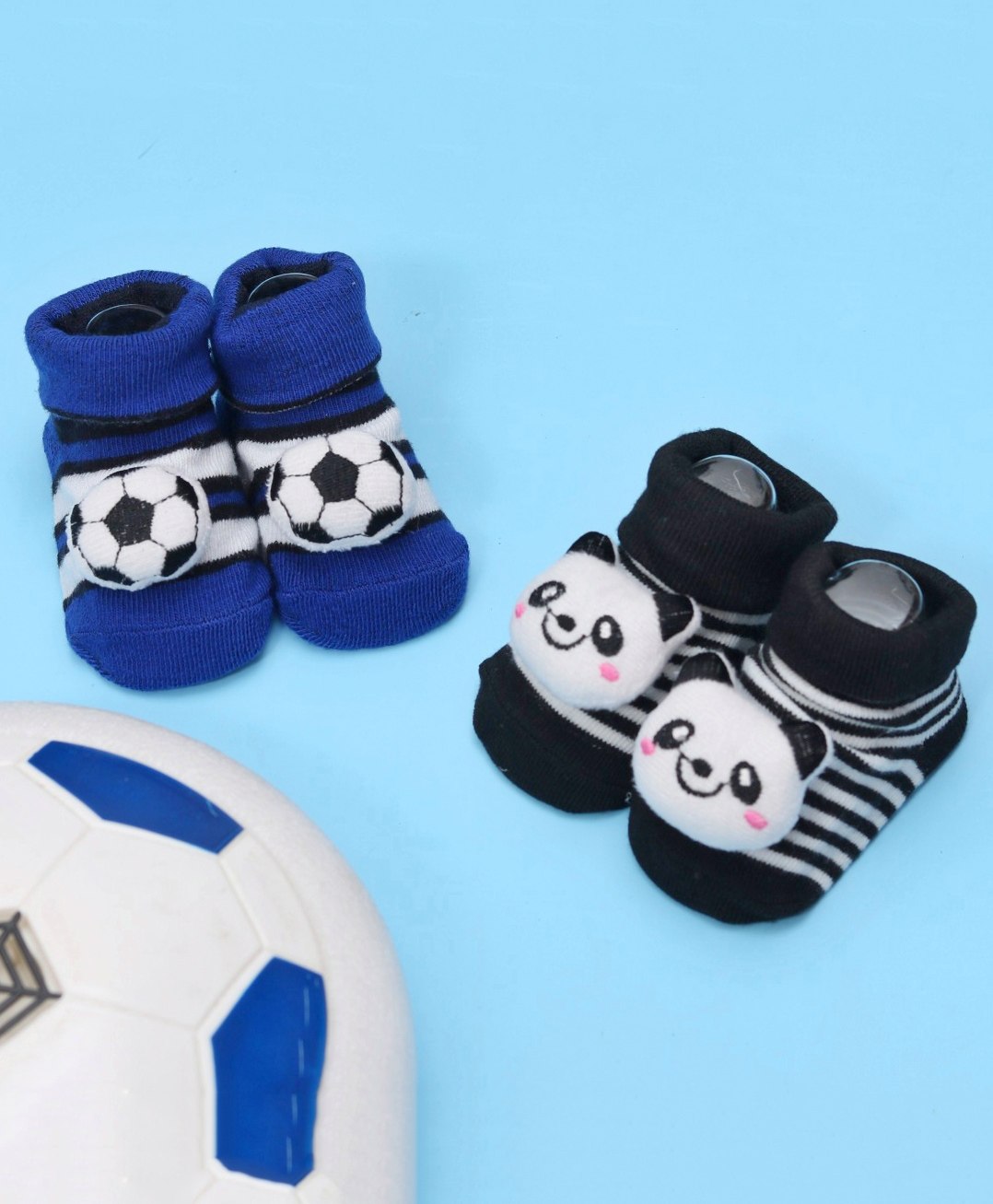 Yellow Bee Pack Of 2  Football & Panda Face Applique Detailed Anti Skid Socks - Navy Blue White & Black-image-36