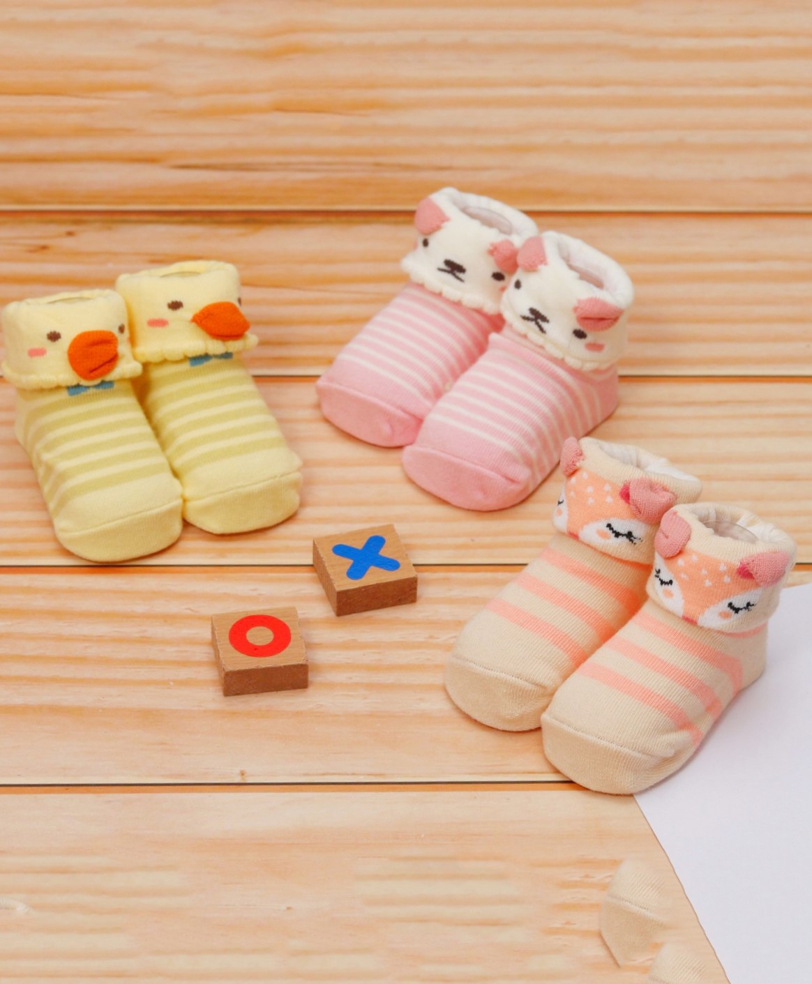 Yellow Bee Pack Of 3 Puppy Deer & Duck Printed With Striped Detailed Anti Skid Socks - Pink Yellow & Peach-image-21