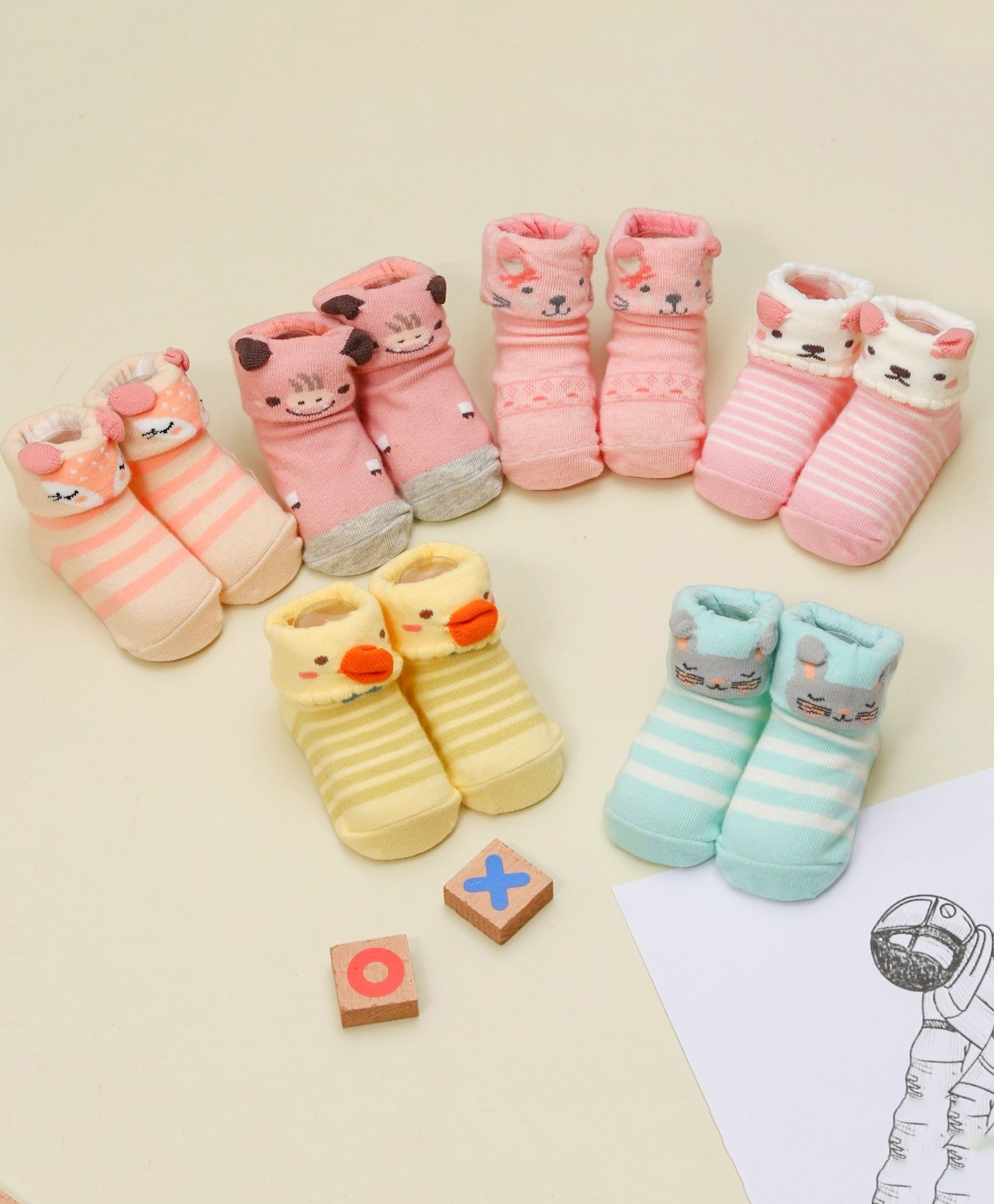Yellow Bee Pack Of 6 Animal Printed & Striped Detailed Anti Skid Socks - Pink Yellow & Aqua Blue-image-26