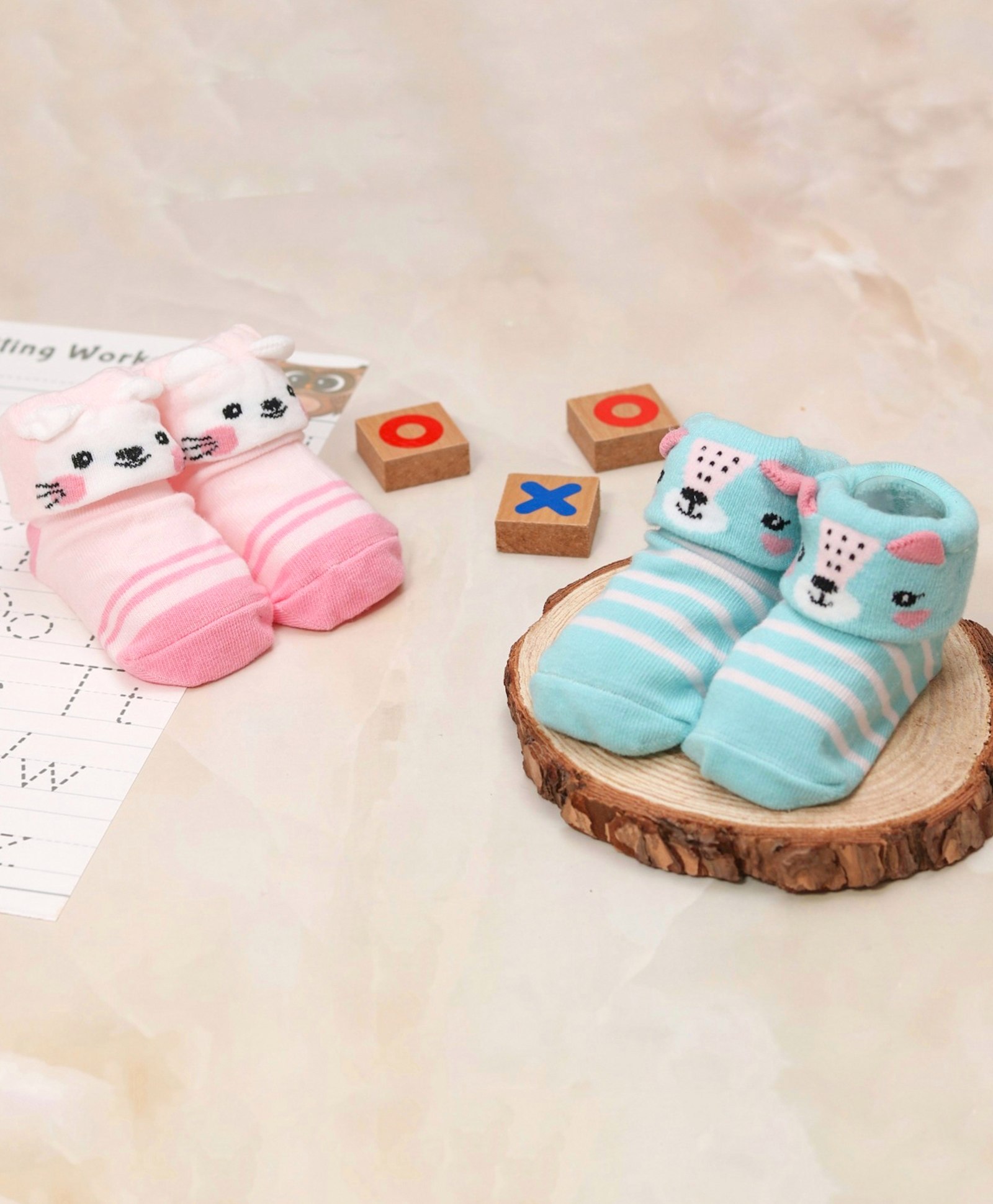Yellow Bee Pack Of 2 Animal Face & Striped Design Detailed Anti Skid Socks - Aqua Blue & Pink-picture-4