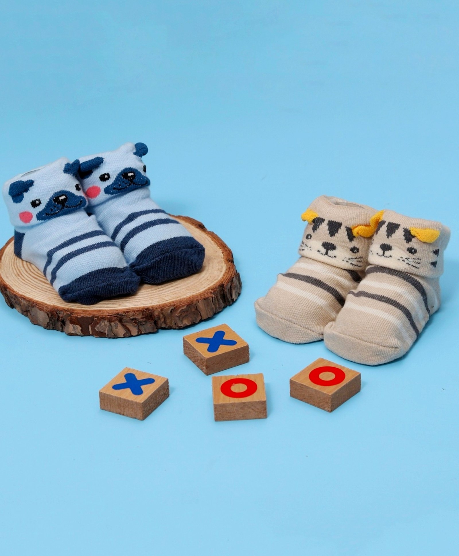 Yellow Bee Pack Of 2 Animal Face & Striped Design Detailed Anti Skid Socks - Navy Blue & Beige-image-39