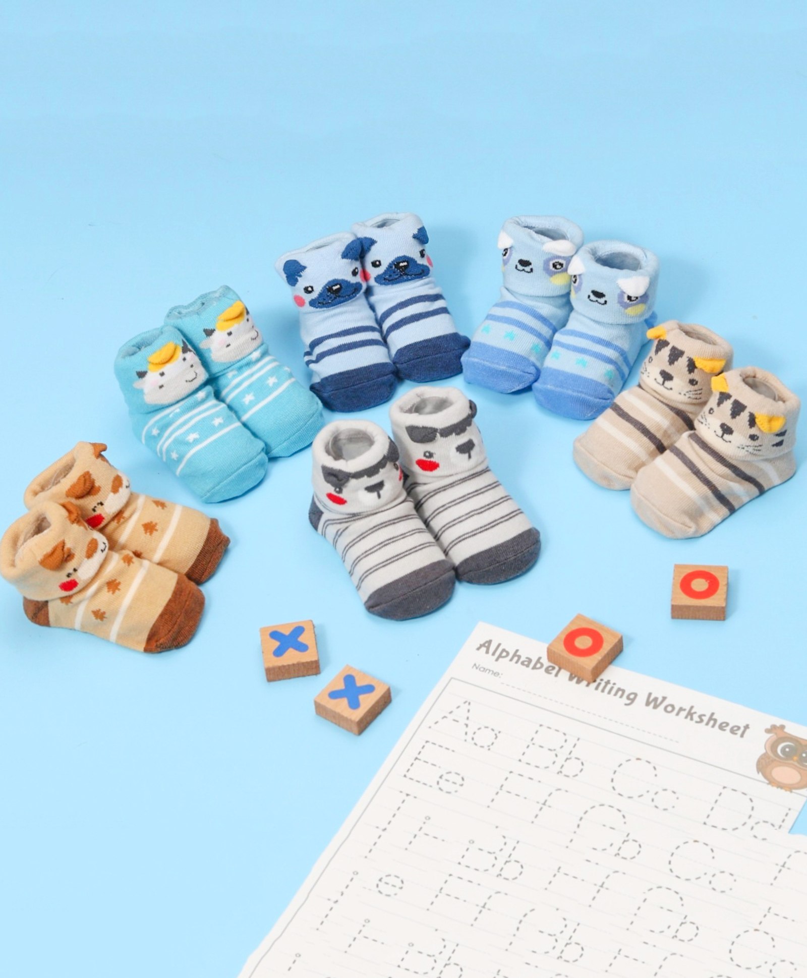 Yellow Bee Pack Of 6 Animal Face & Striped Design Detailed Anti Skid Socks - Multi Colour-image-16
