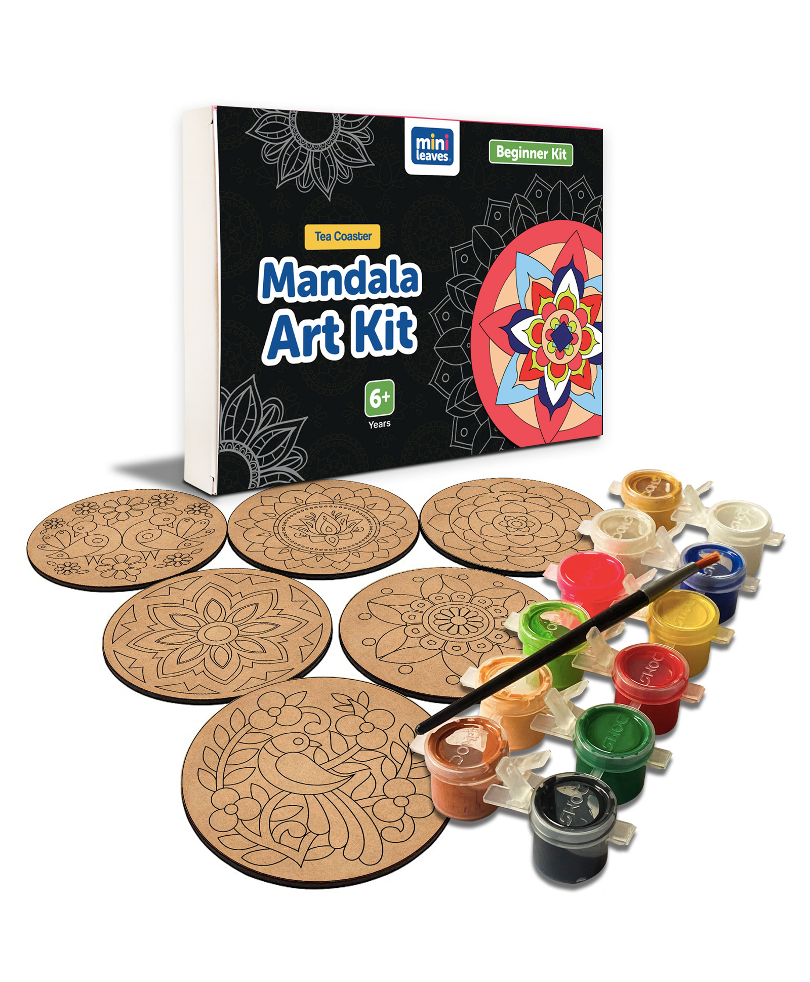 minileaves Mini Leaves Paint Your Own Mandala Art Coasters DIY Painting Craft Kit Set of 6 - Multicolor-picture-26