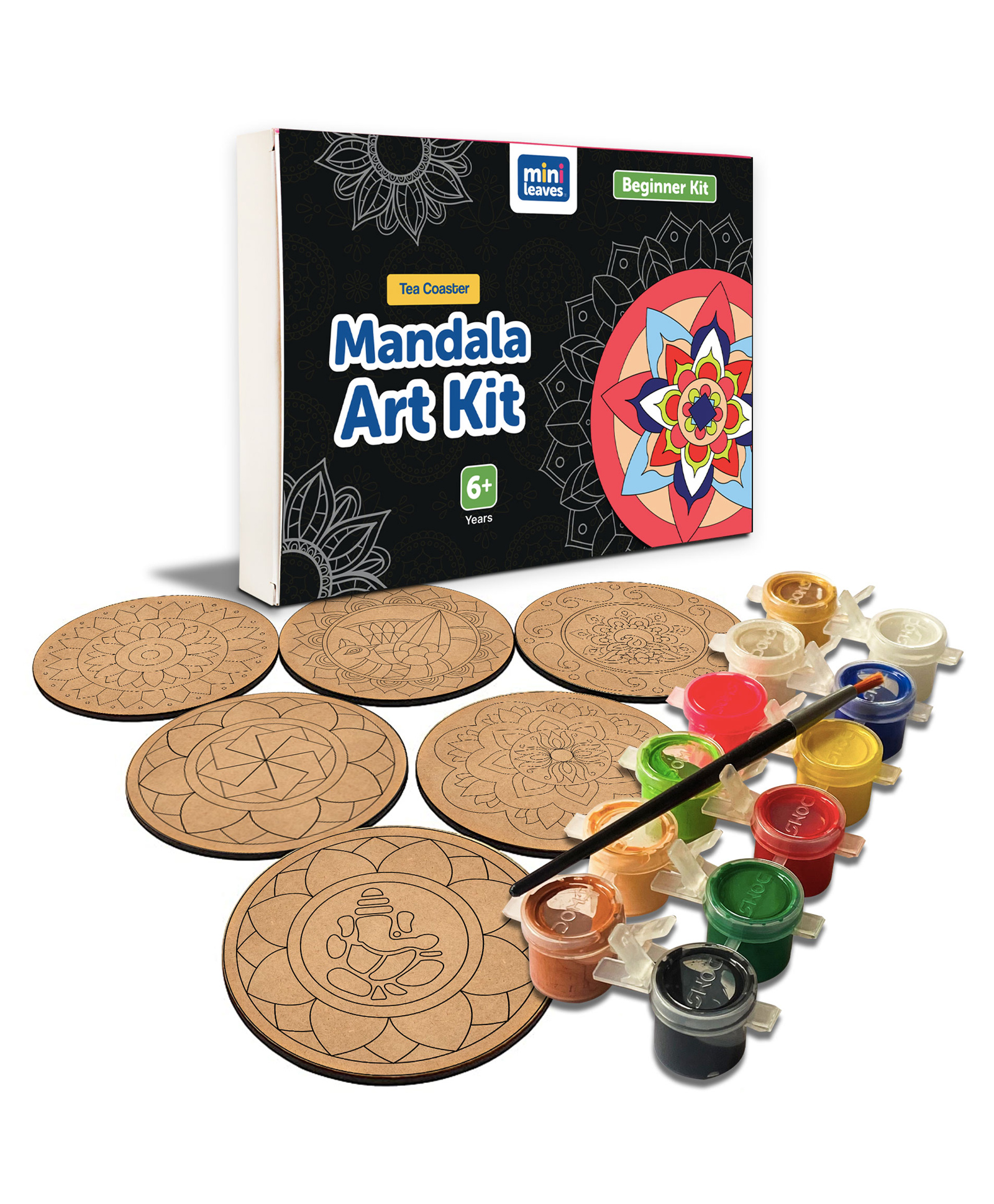 Mini Leaves Paint Your Own Mandala Art Coasters DIY Painting Craft Kit Set of 6 - Multicolor-image-17