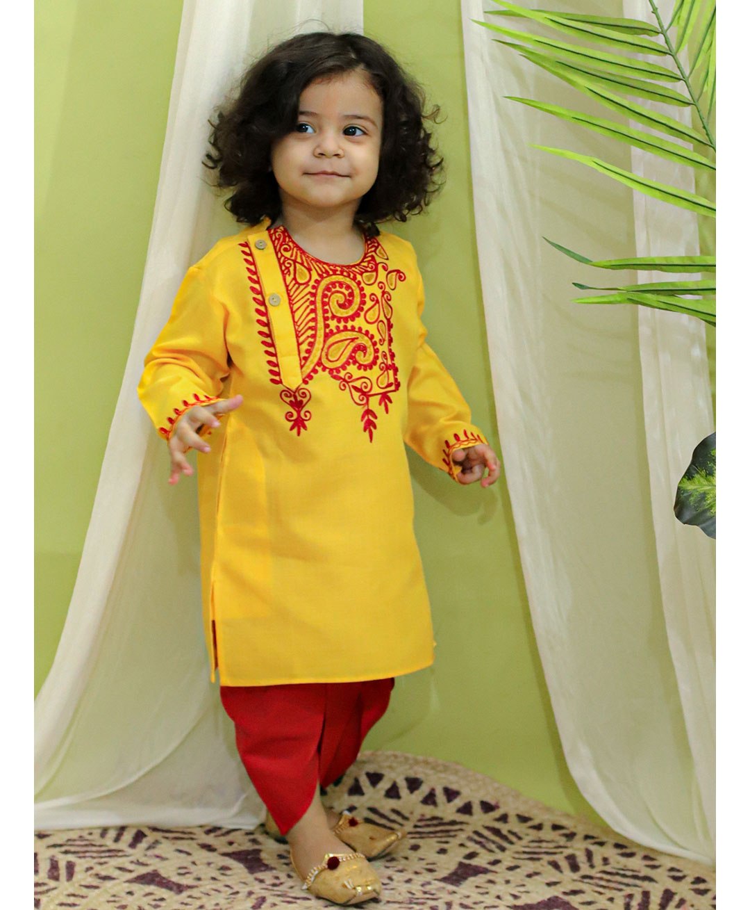 BownBee Full Sleeves Paisley  Embroidered Bangali Style Kurta & Dhoti - Yellow-picture-14