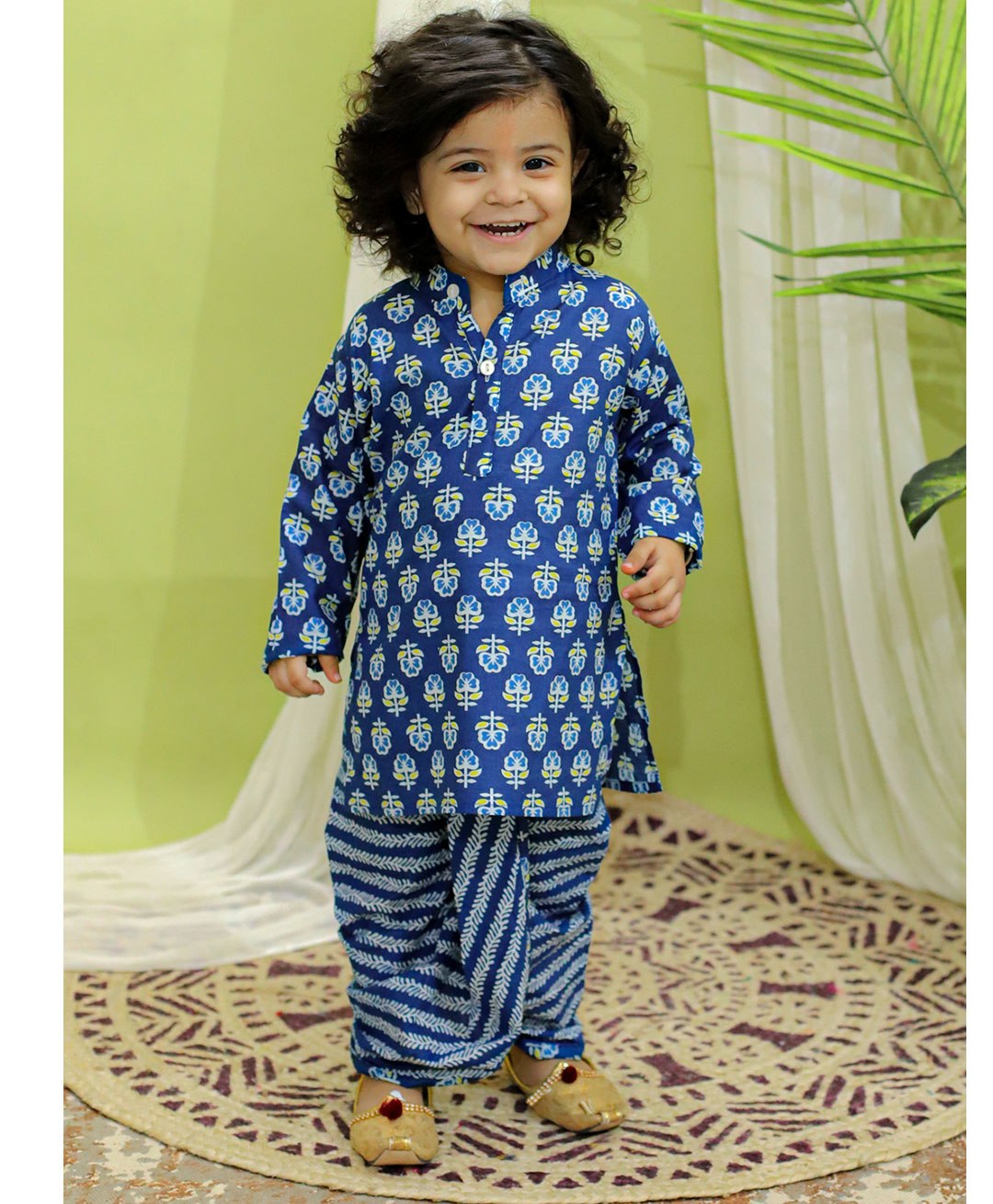 BownBee Pure Cotton Full Sleeves Floral Printed Kurta With Leaves Printed Dhoti - Indigo Blue-picture-13
