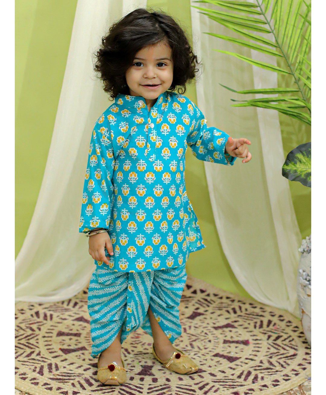 BownBee  Pure Cotton Full Sleeves Floral Printed Kurta & Leaves Printed  Dhoti - Blue-picture-37