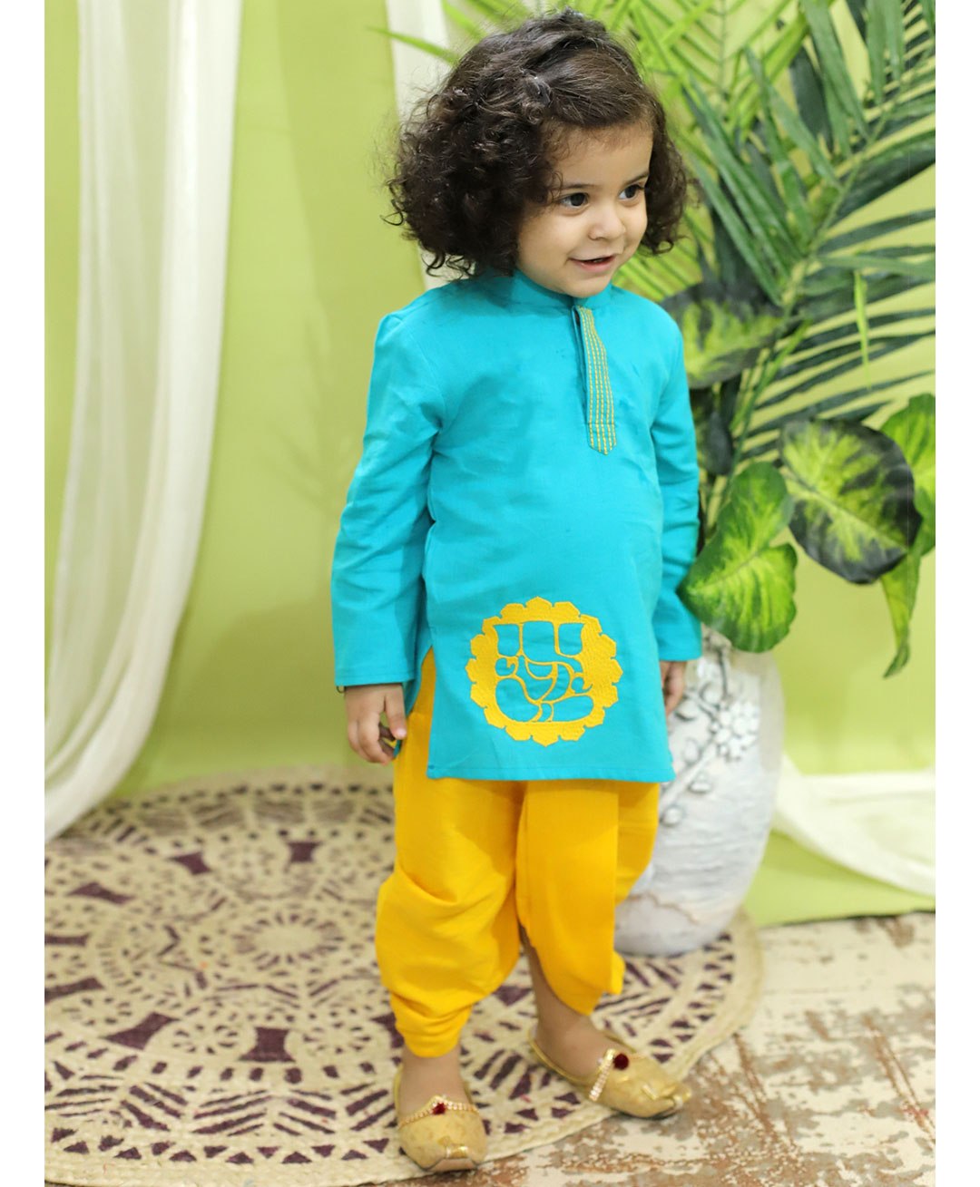 BownBee Ganesh Chaturthi Theme Full Sleeves   Ganesha Embroidered Kurta & Dhoti - Blue & Yellow-picture-39