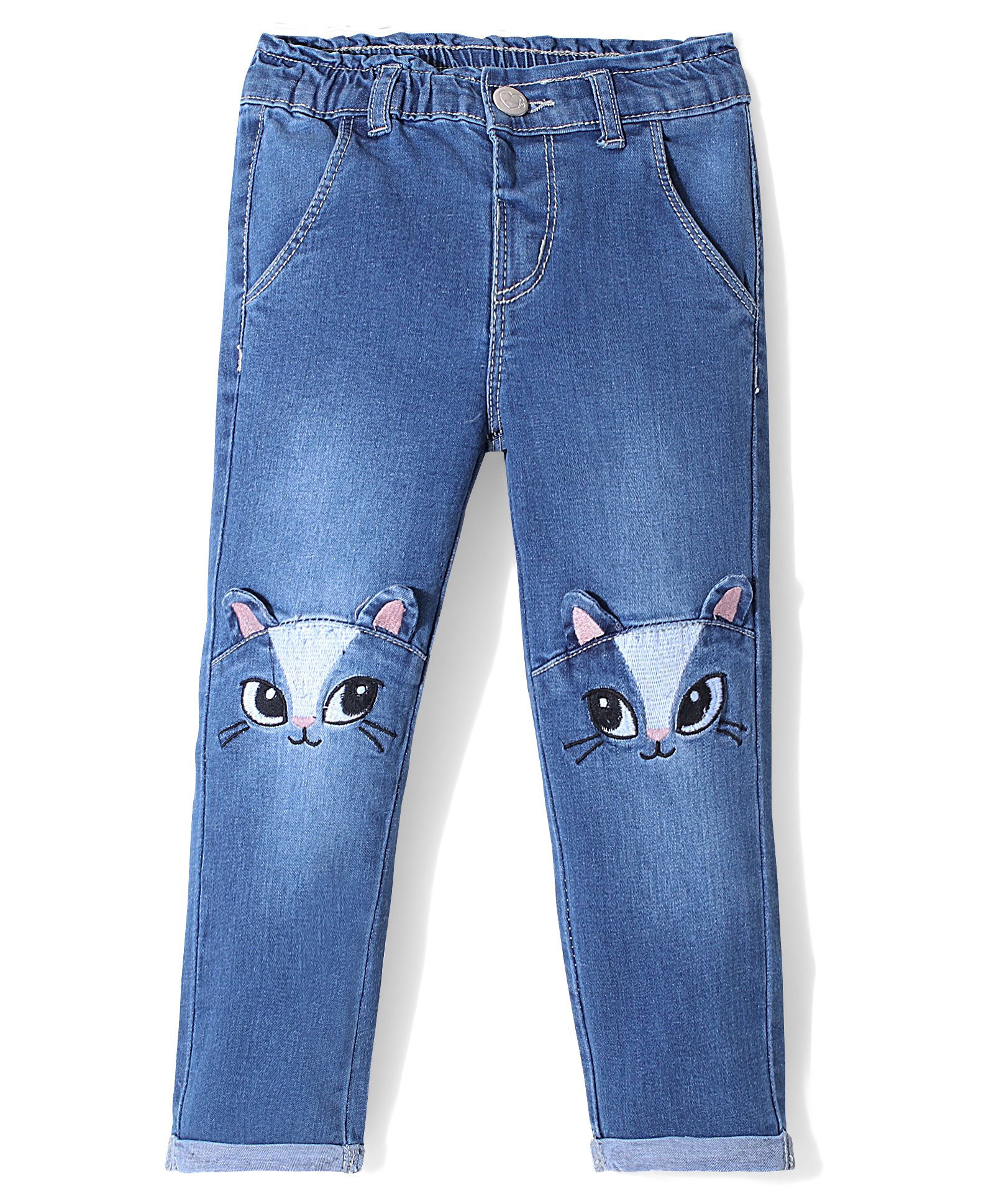 Babyhug Cotton Spandex Full Length Washed Stretchable Jeans with Kitty Applique - Blue-picture-17