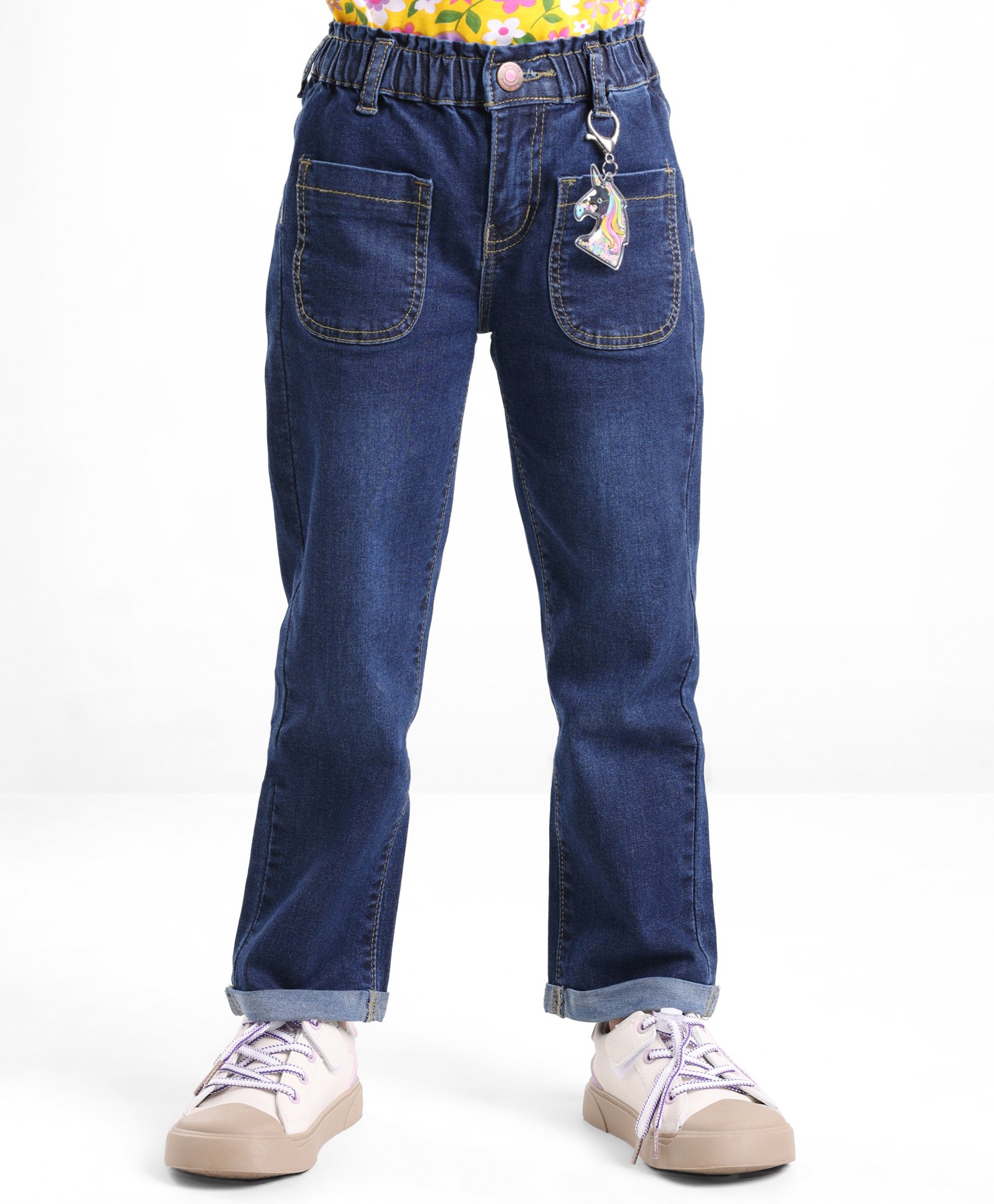 Babyhug Denim Full Length With Stretch Jeans Solid Colour With Unicorn Keychain - Blue-picture-19