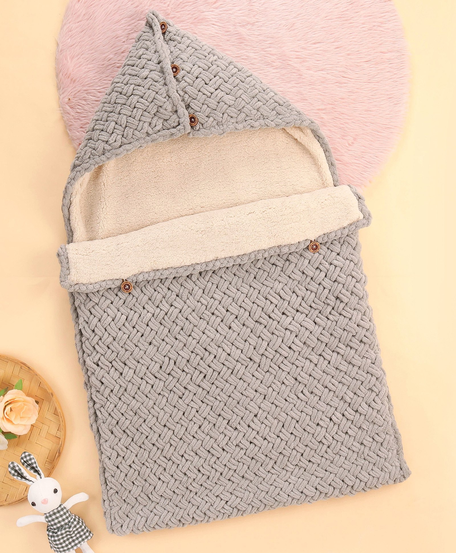 Yellow Apple Hooded Blanket Sleeping Bag With Fur - Grey-image-42