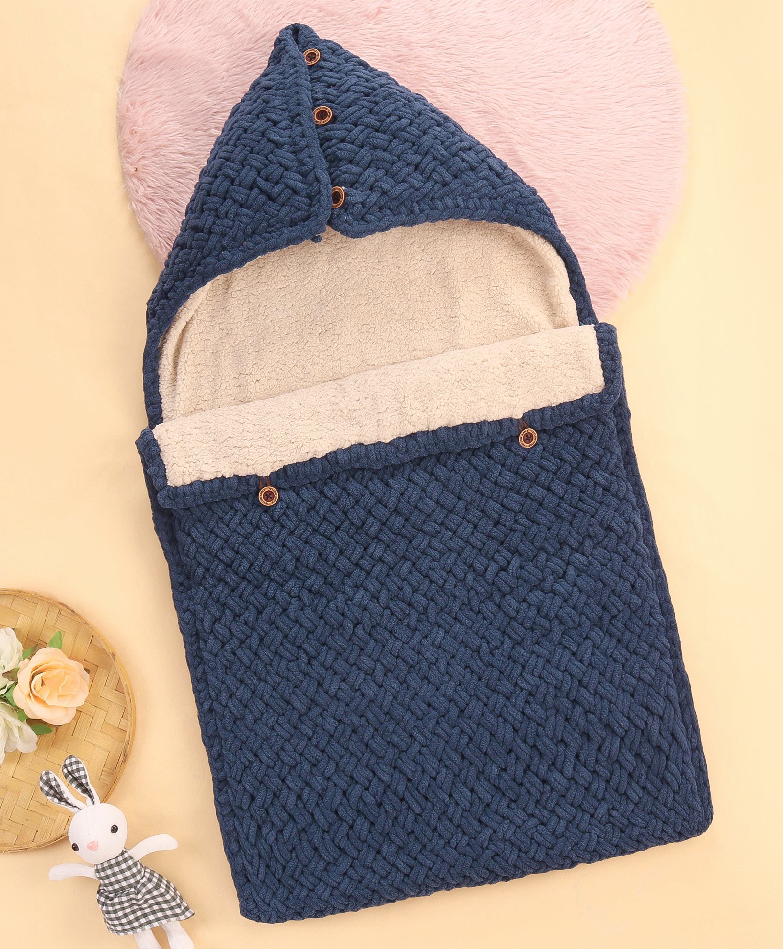 Yellow Apple Hooded Blanket Sleeping Bag With Fur - Blue-picture-28