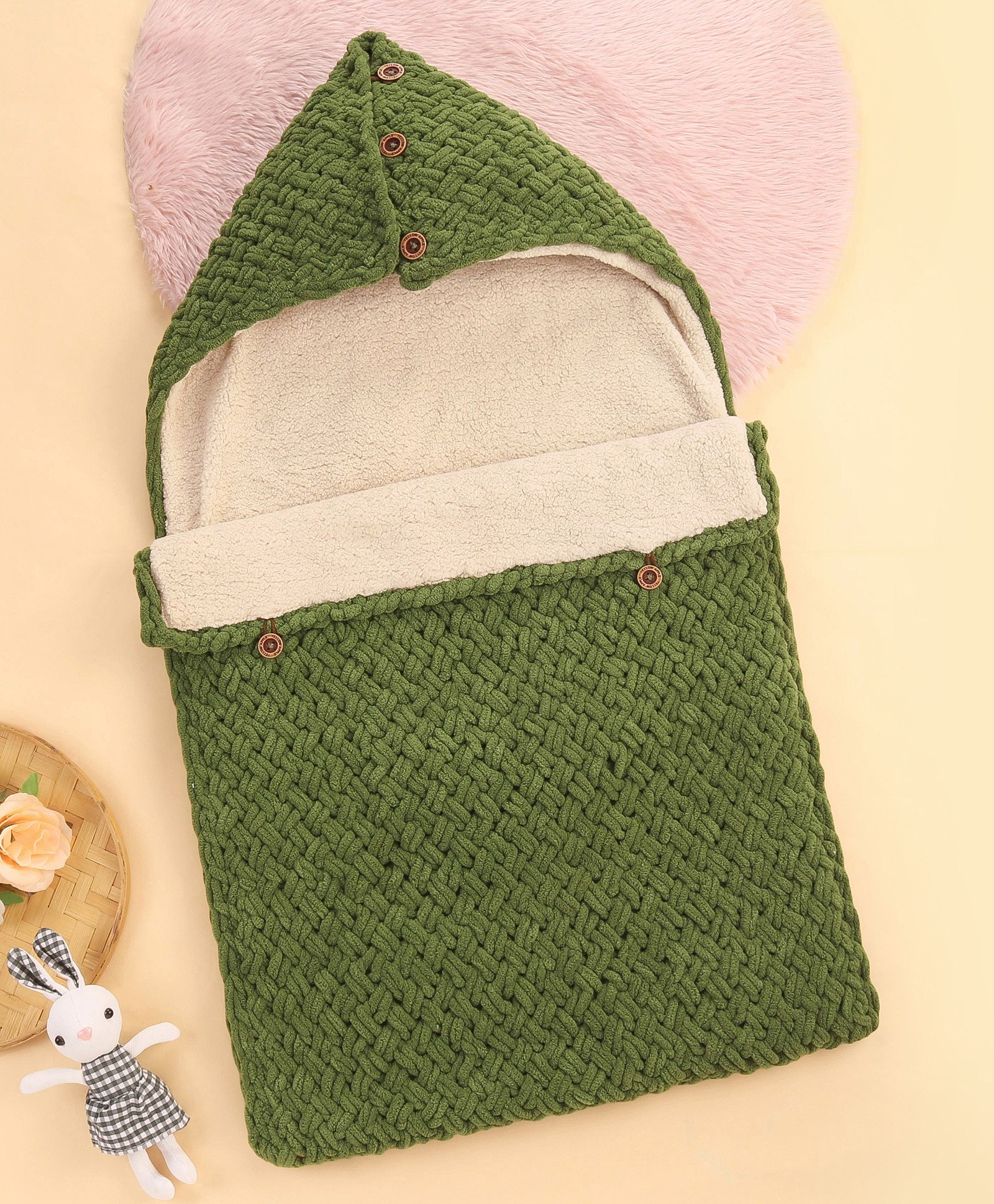 Yellow Apple Hooded Blanket Sleeping Bag With Fur - Green-image-43