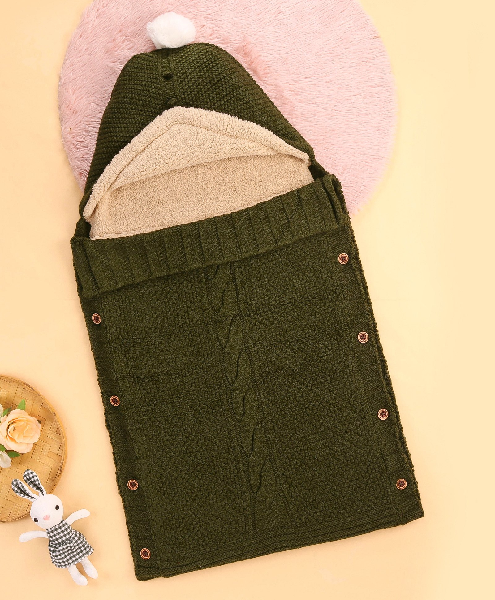 Yellow Apple Hooded Blanket Sleeping Bag With Fur - Olive-image-9