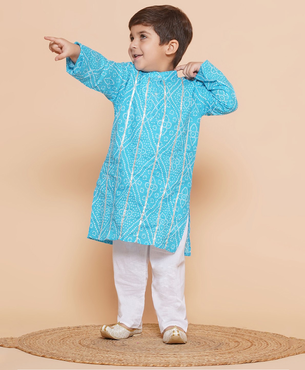 AJ Dezines Cotton Full Sleeves Bandhani Design & Gota Lace Embellished  Kurta Pyjama Set - Blue-picture-41