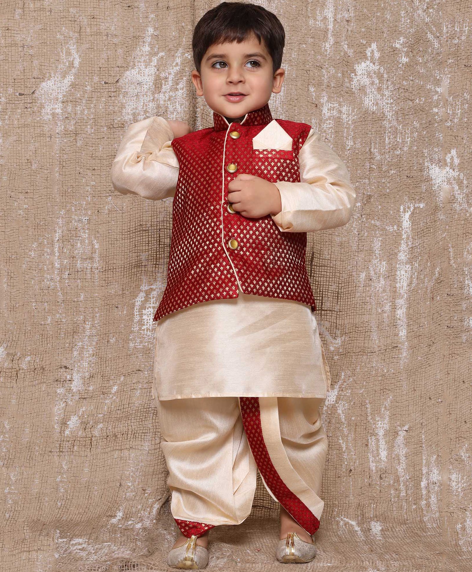 AJ Dezines Raw Silk Full Sleeves Solid Kurta With Ethnic Motif Foil Self Design Jacket & Coordinating Dhoti- Maroon-image-44