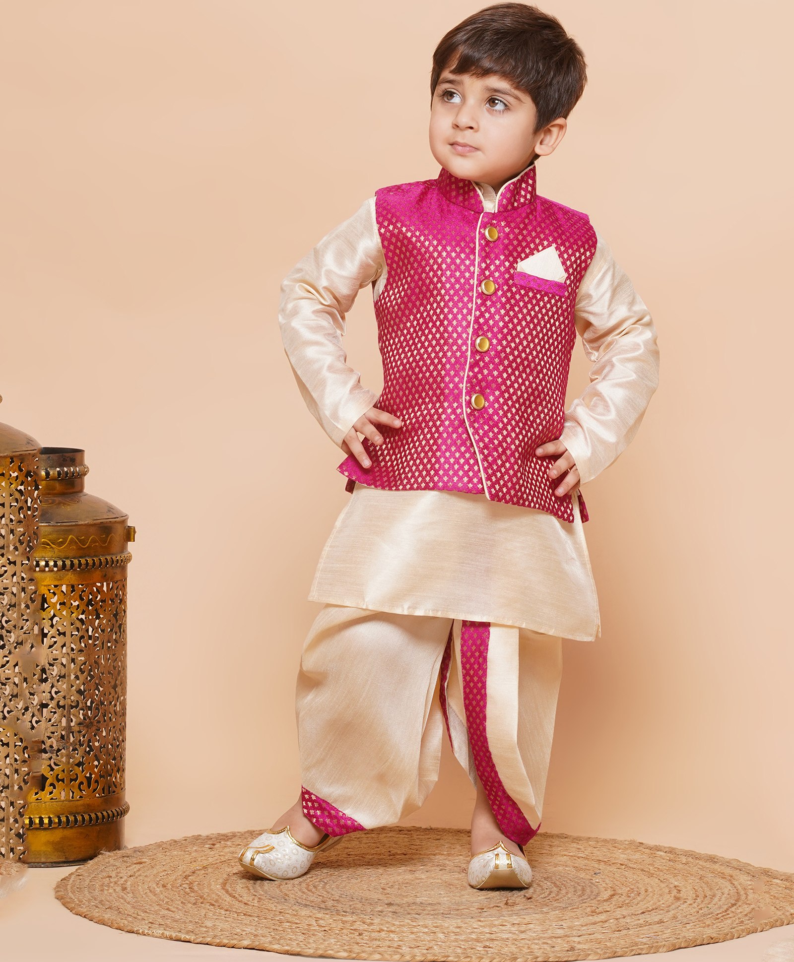 AJ Dezines Raw Silk Full Sleeves Solid Kurta With Ethnic Motif Foil Self Design Jacket & Coordinating Dhoti - Pink-image-34