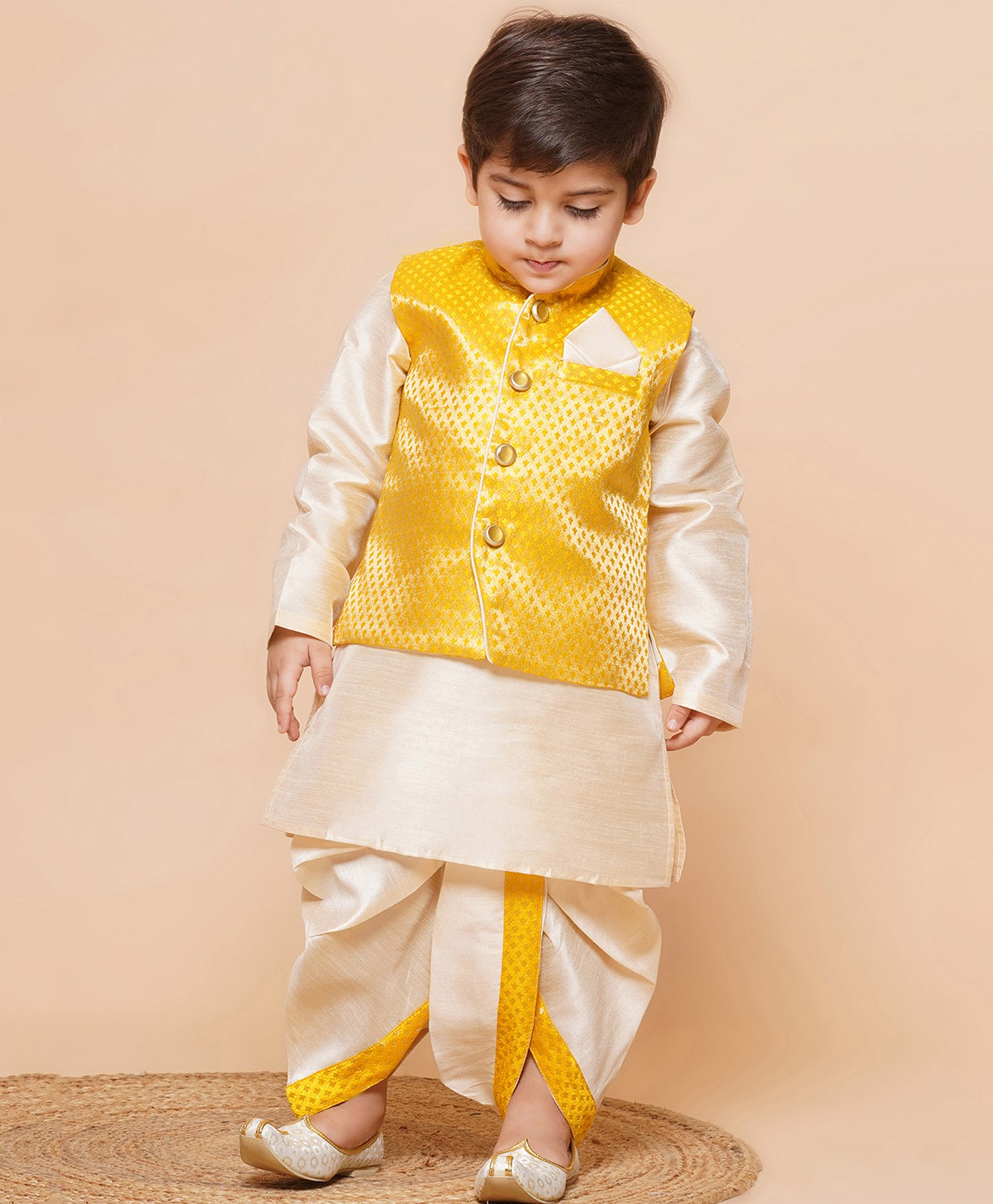AJ Dezines Raw Silk Full Sleeves Solid Kurta With Ethnic Motif Foil Self Design Jacket & Coordinating Dhoti - Yellow-picture-7