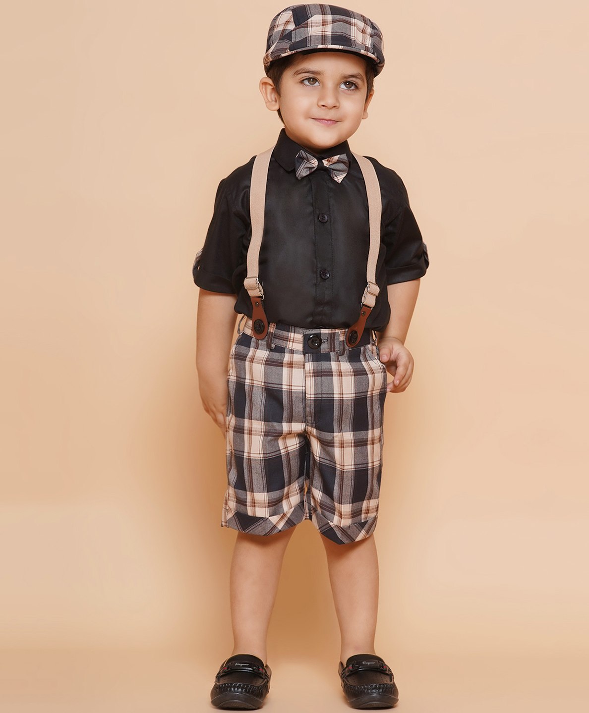 AJ Dezines Cotton Solid Shirt Checked  Shorts With Cap  Suspender & Bow - Beige-picture-12