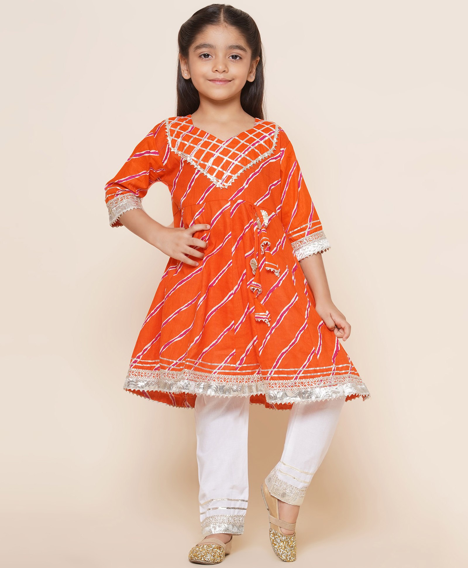 AJ Dezines Cotton  Three Fourth Sleeves Lehariya Printed & Gota Lace Embellished  Anarkali Kurta & Pyjama Set   - Orange-picture-48