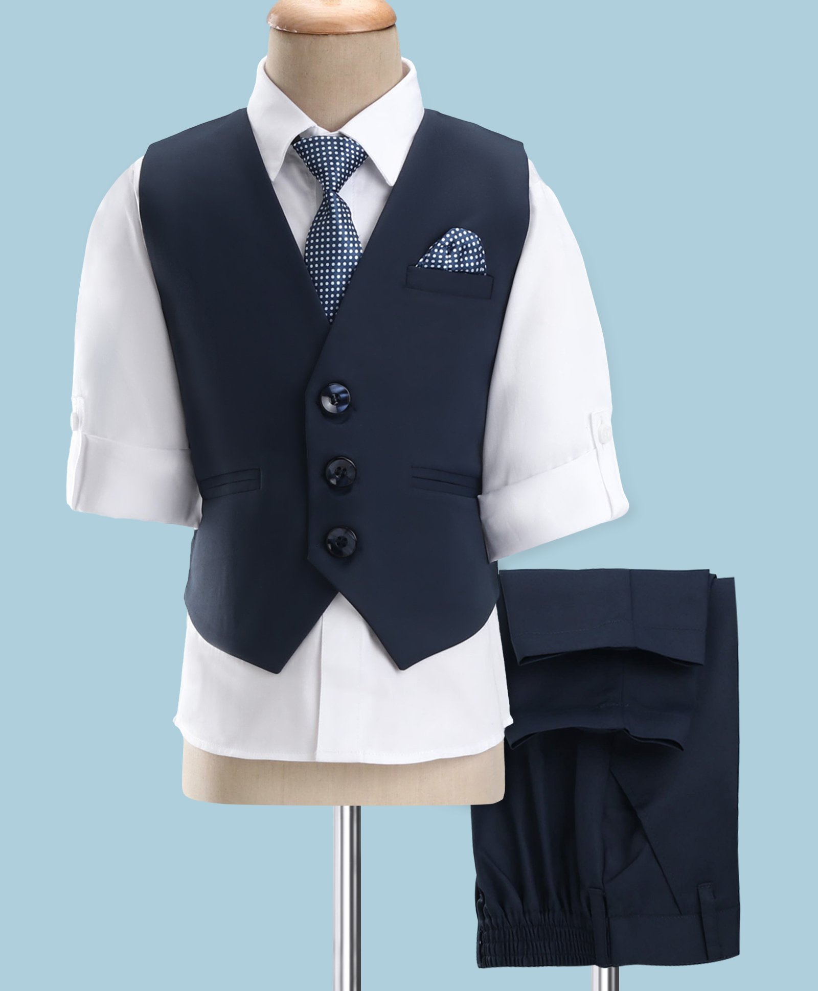 Robo Fry Full Sleeves Solid Color Party Suit with Tie - Blue-image-49