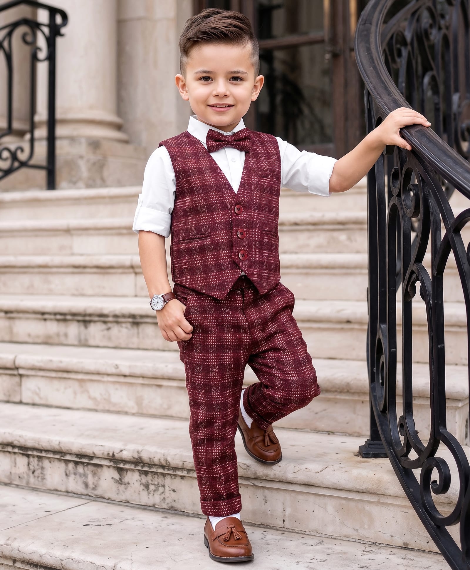 Robo Fry Lycra Full Sleeves Checkered Party Suit with Bow Tie - Maroon-picture-19