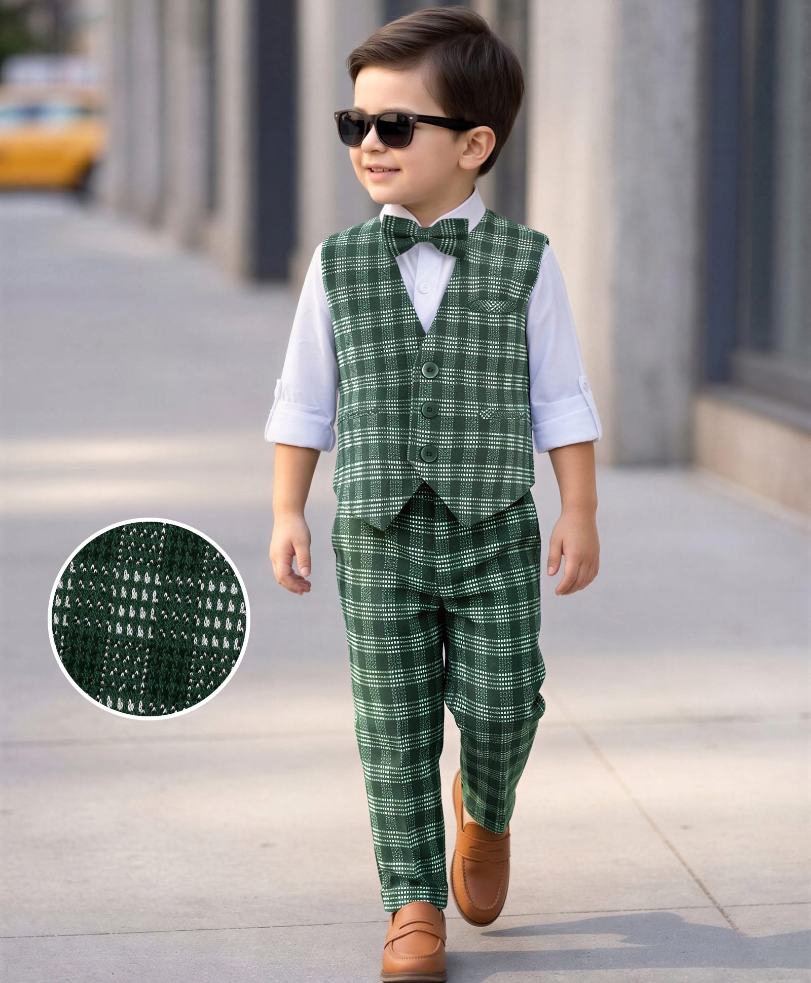 Robo Fry Lycra Full Sleeves Checkered Party Suit with Bow Tie - Green-image-7